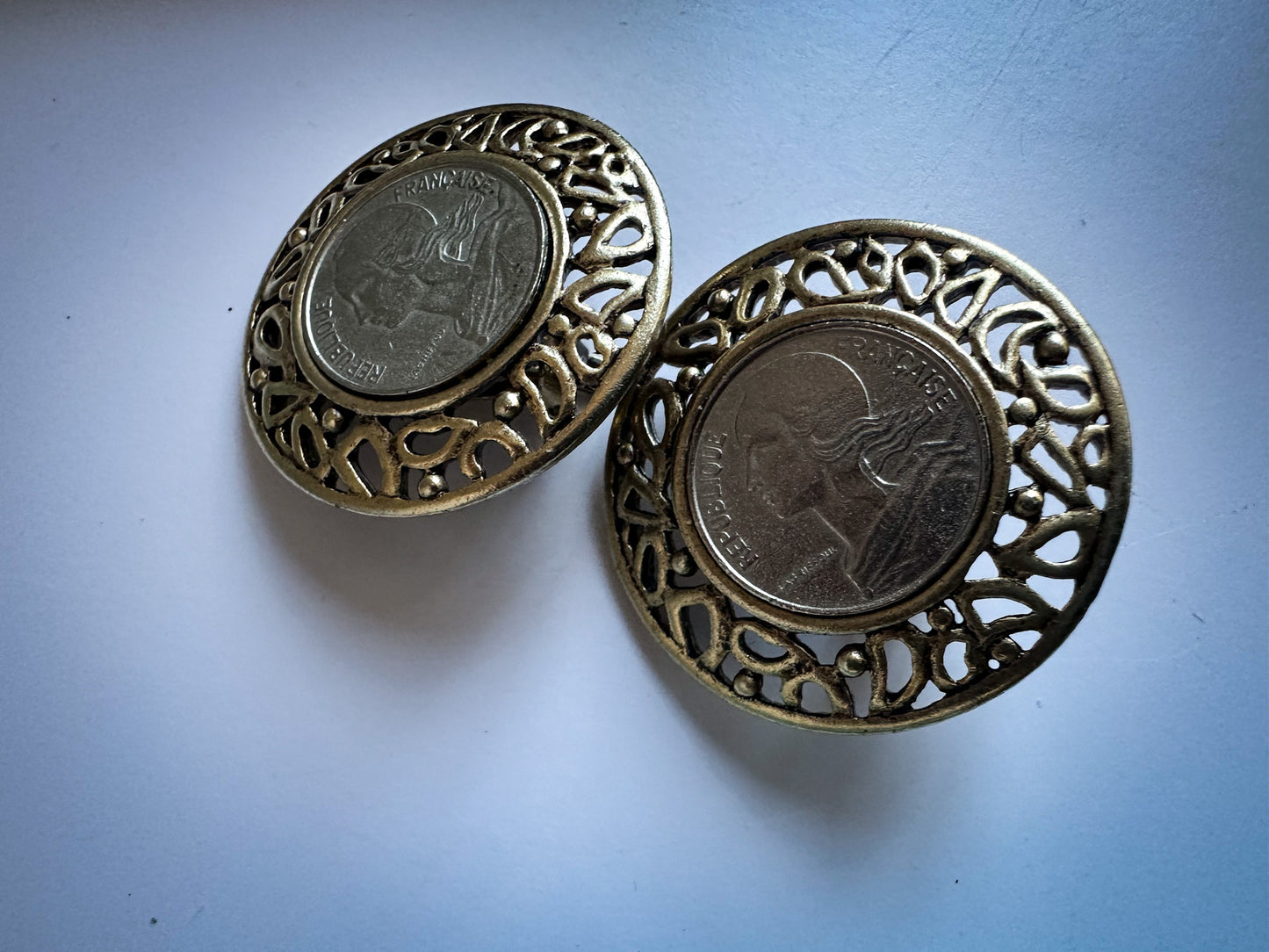French Coin Clip-On Earrings – Ornate Gold-Tone Filigree
