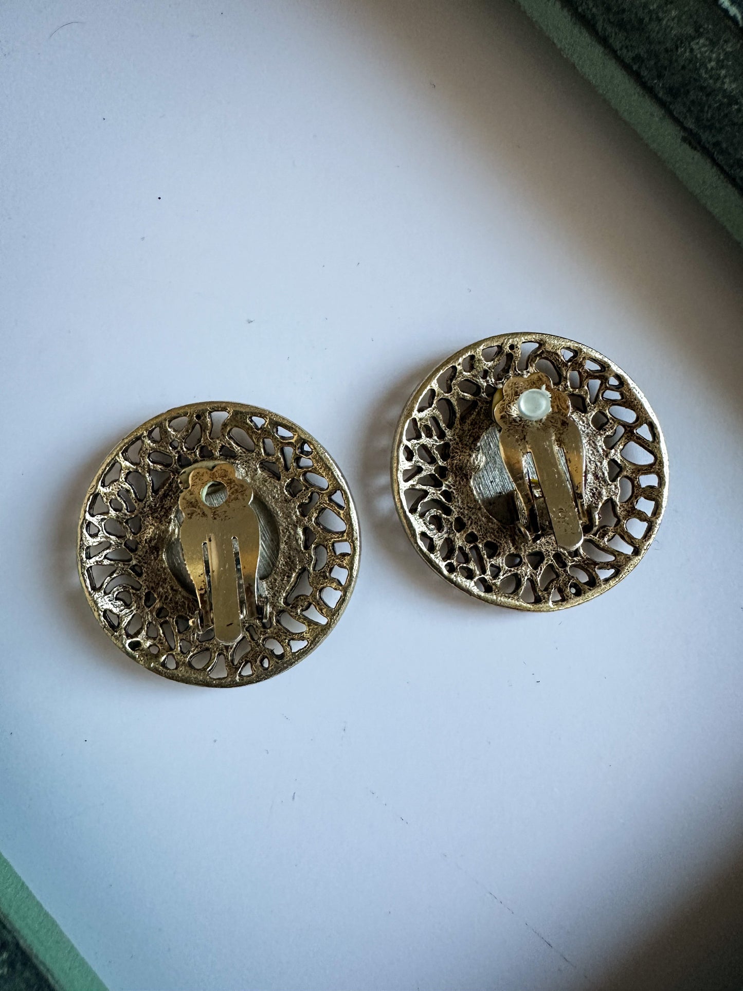 French Coin Clip-On Earrings – Ornate Gold-Tone Filigree