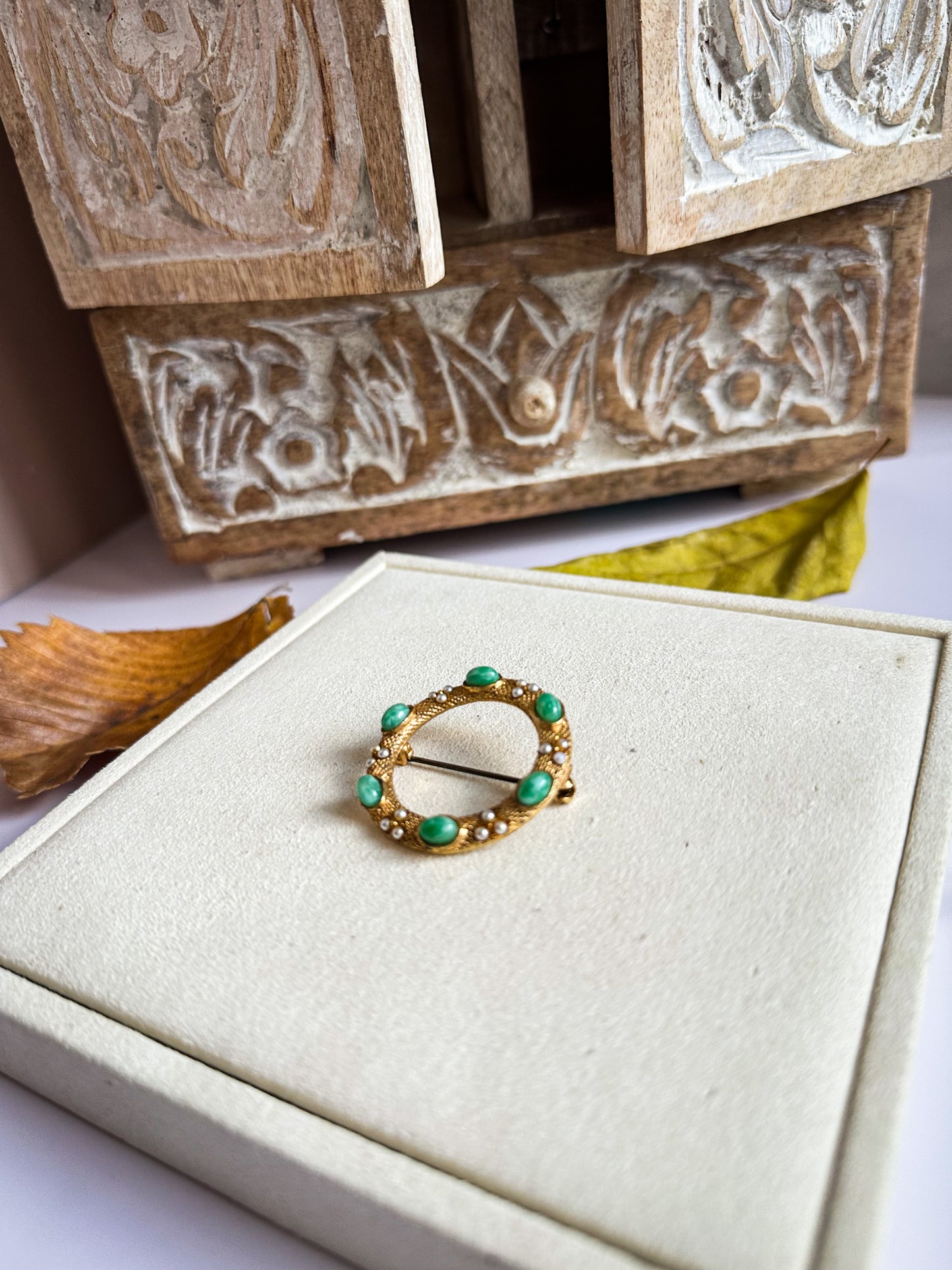 Round Gold Brooch with Green Stone and Seed Pearls