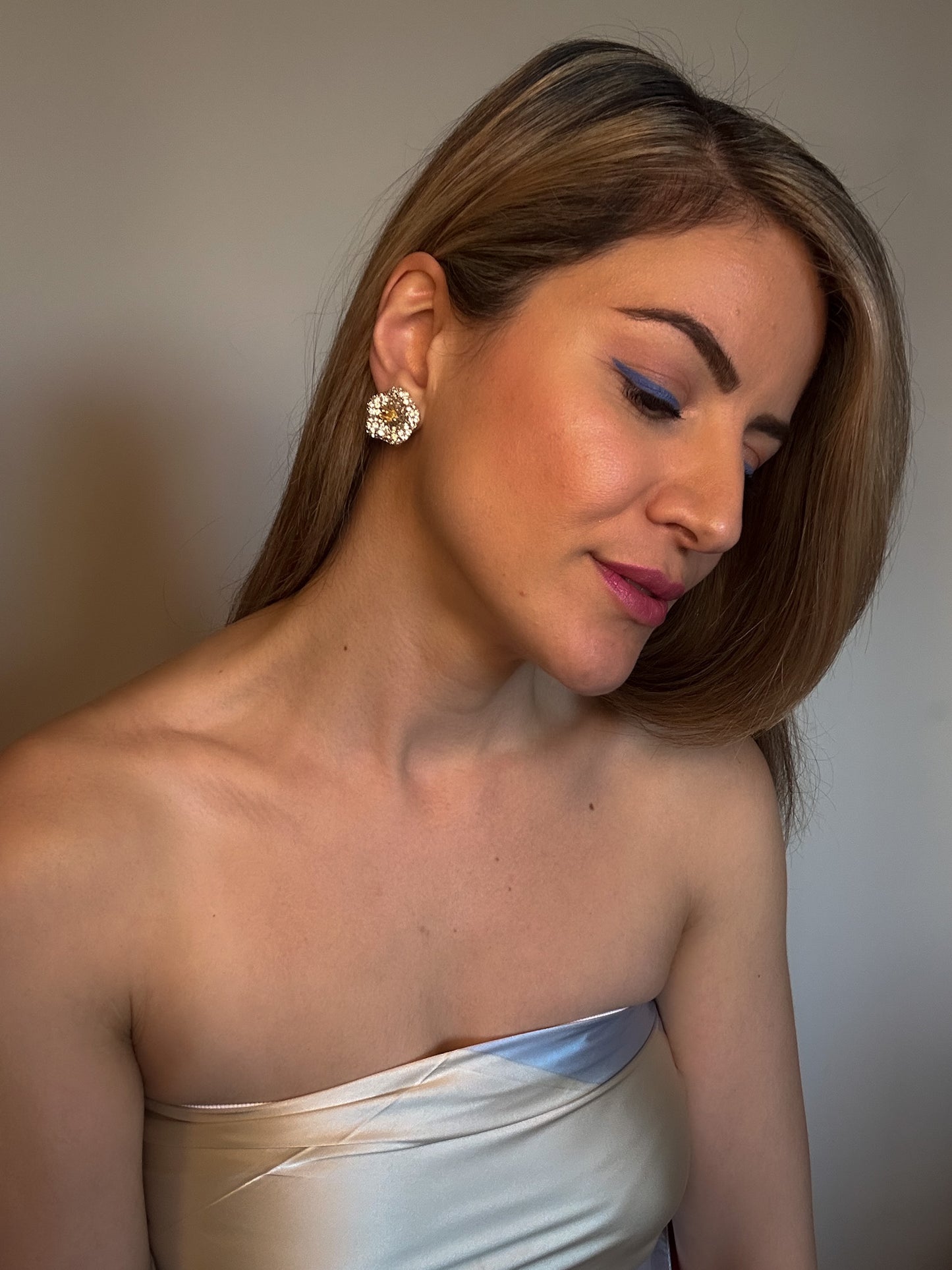 Flower Earrings with Gold Pistil Center and Clear Crystals