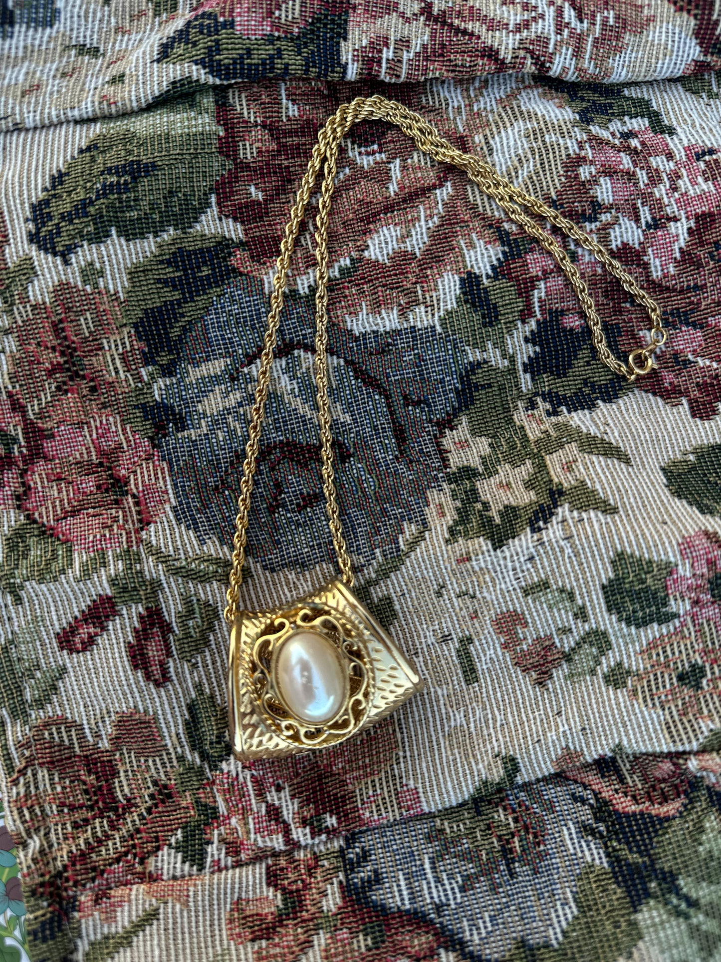 Gold-Tone Architectural Pendant Necklace with Faux Pearl Accent