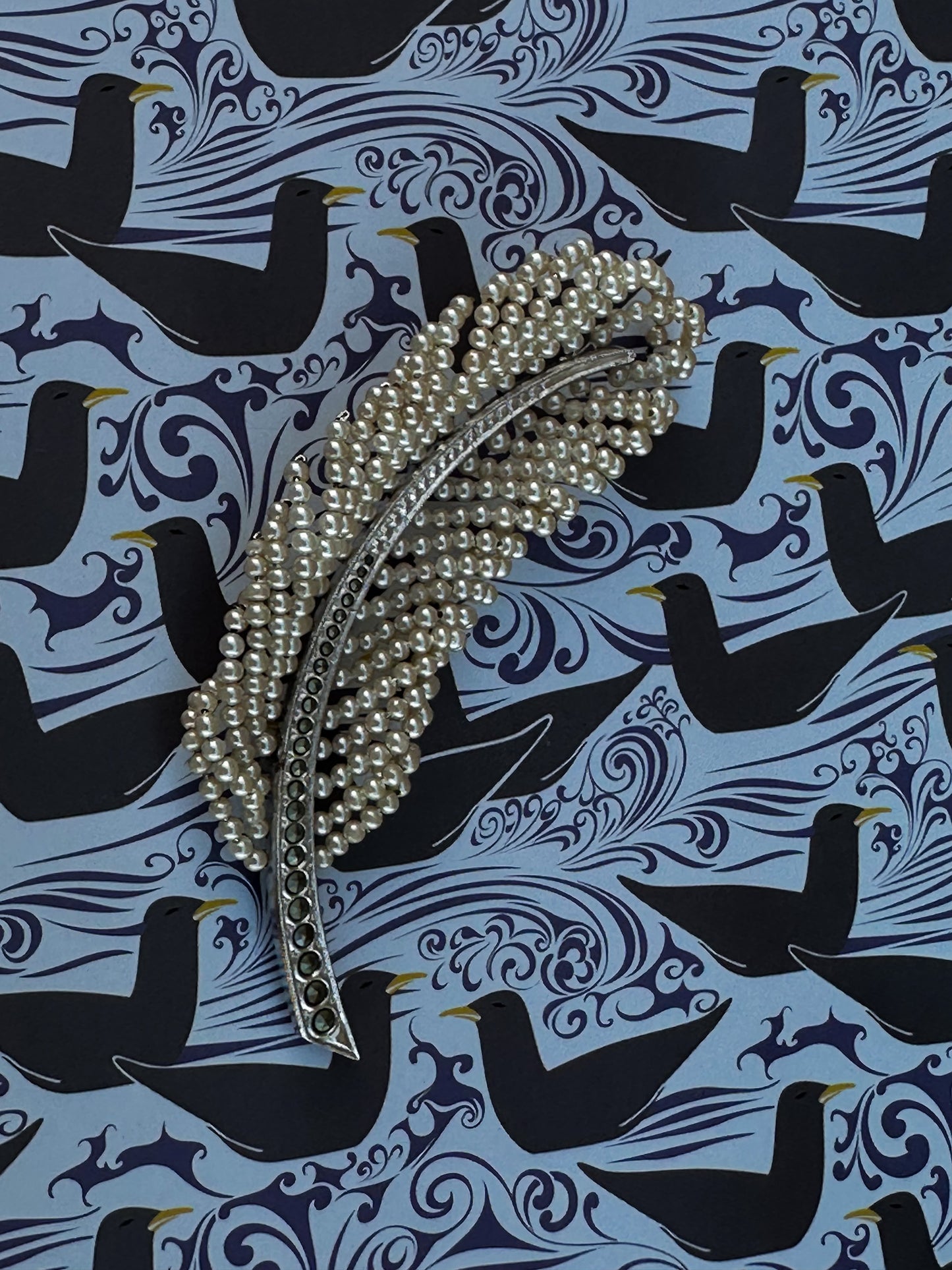 Pearl Feather Brooch – Silver-Tone Leaf with Seed Pearls