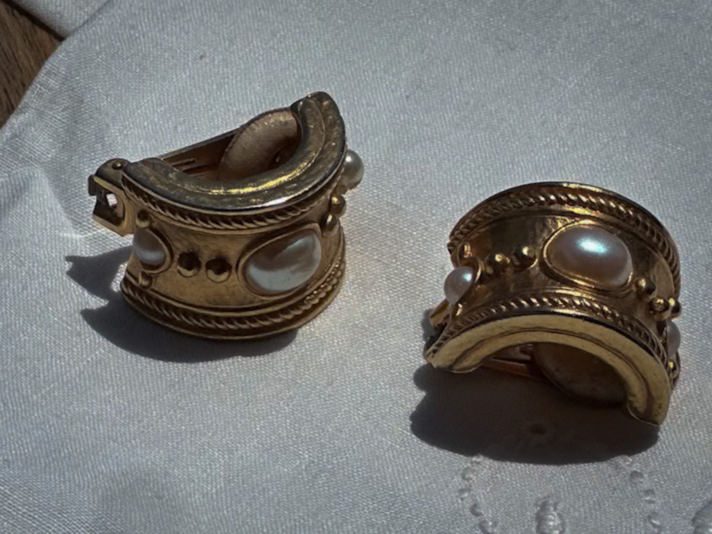Ornate Gold-Tone Statement Clip-On Earrings with Faux Pearls