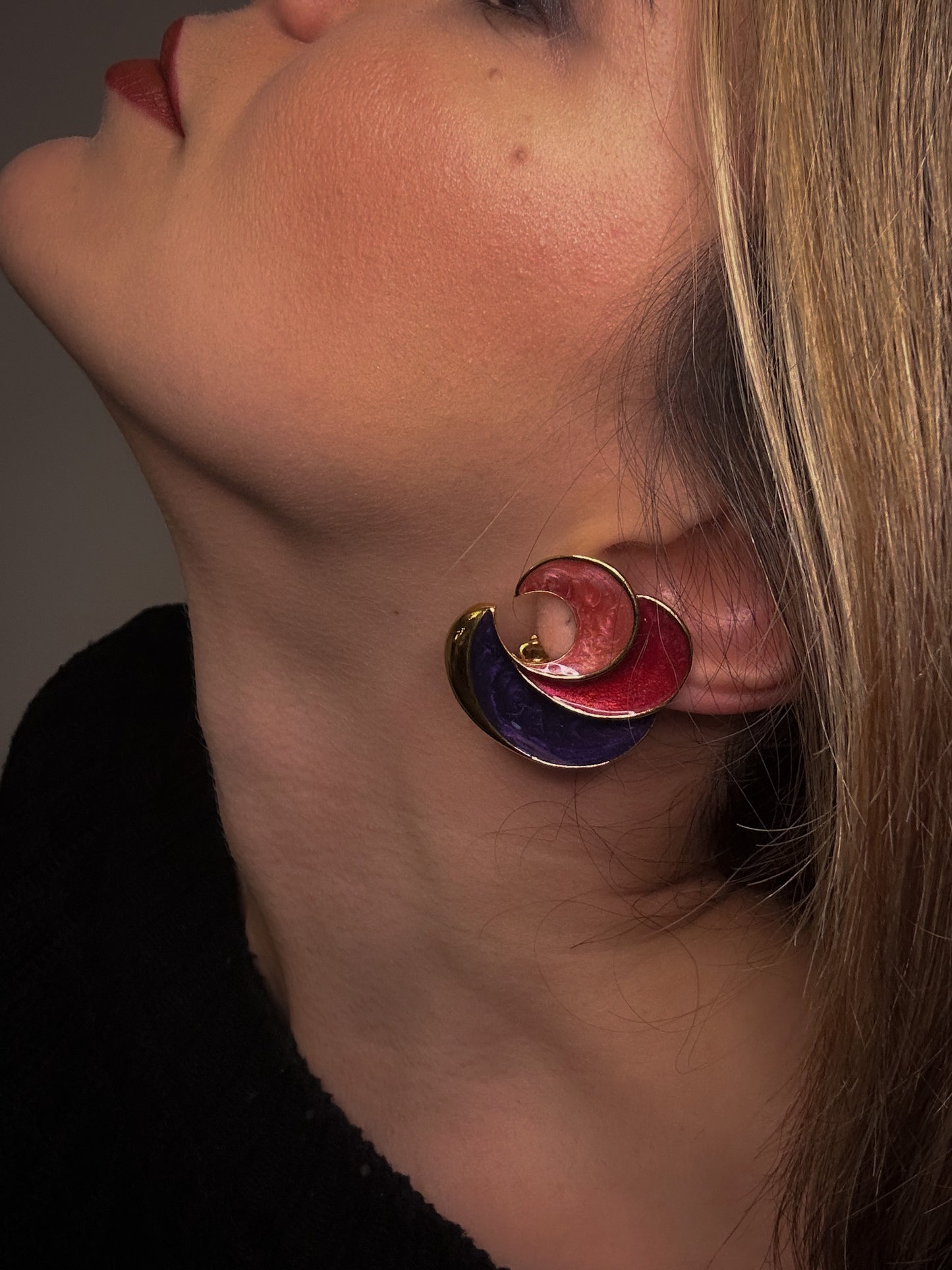 Retro Swirl Enamel Clip-On Earrings – Red, Purple & Gold