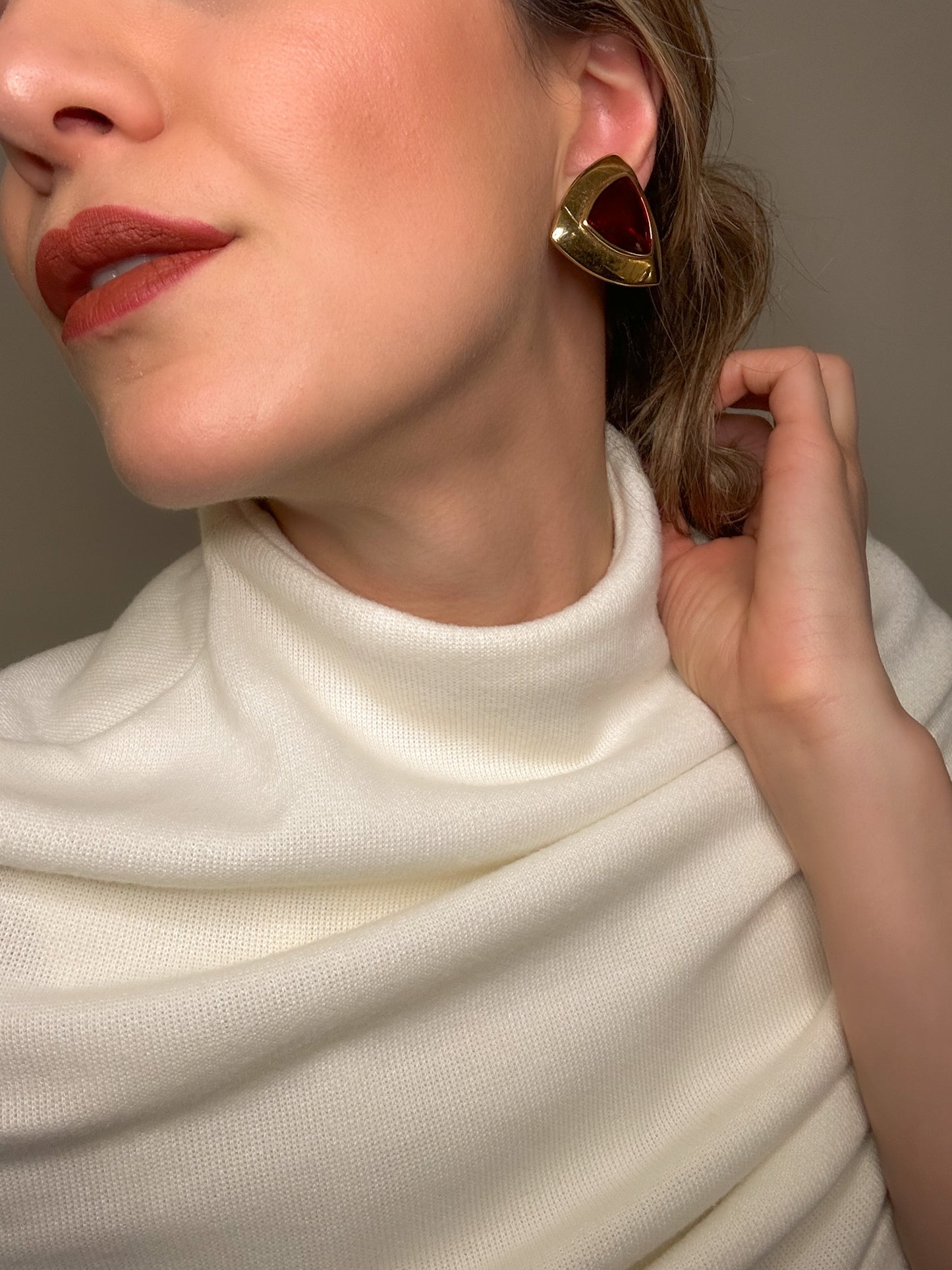 Bold 1980s Triangle Clip-On Earrings with Red Lucite Center