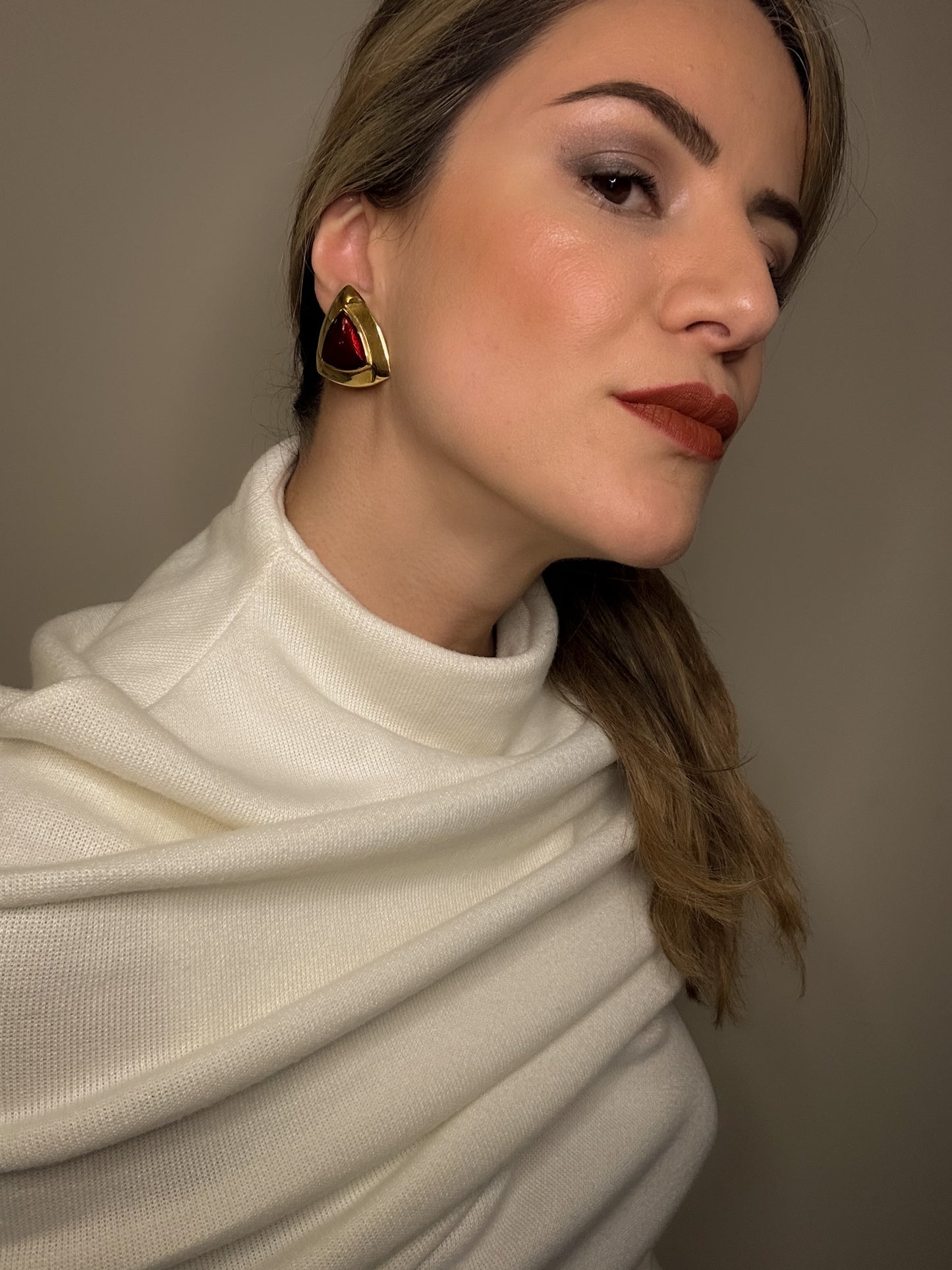 Bold 1980s Triangle Clip-On Earrings with Red Lucite Center