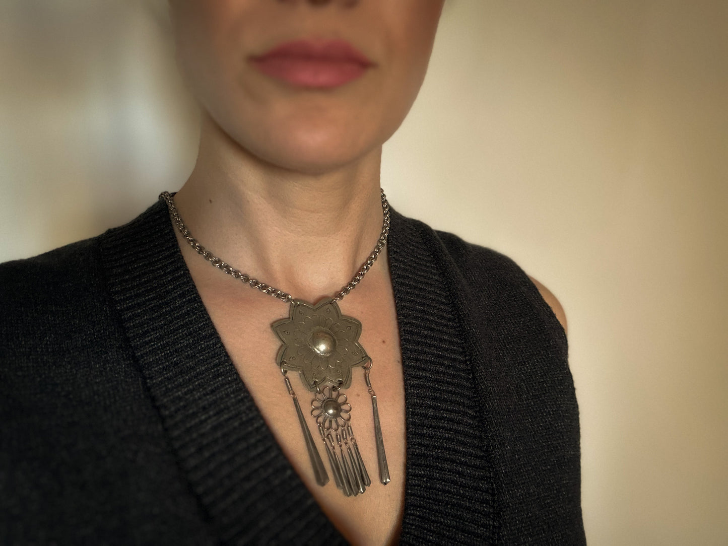 Afghan Tribal Pendant Necklace – Silver-Tone Statement with Fringe Drops