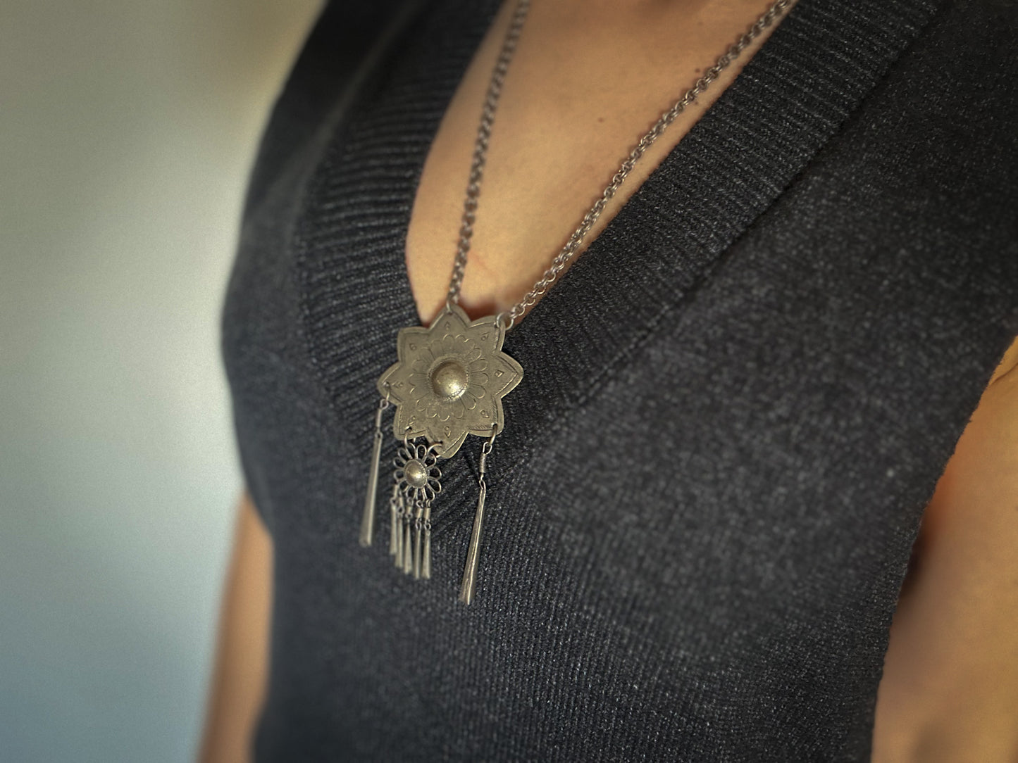 Afghan Tribal Pendant Necklace – Silver-Tone Statement with Fringe Drops