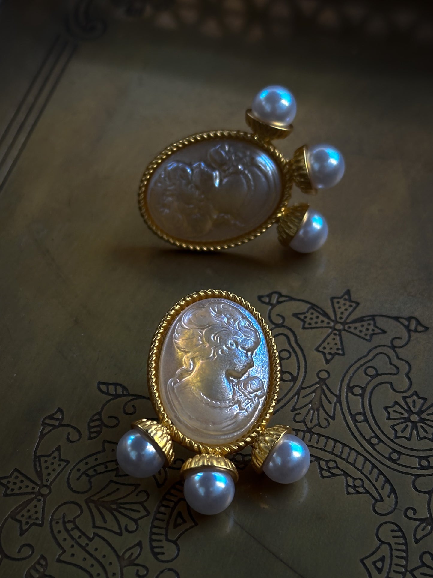 Cameo and Pearl Drop Earrings – Gold-Tone Elegance