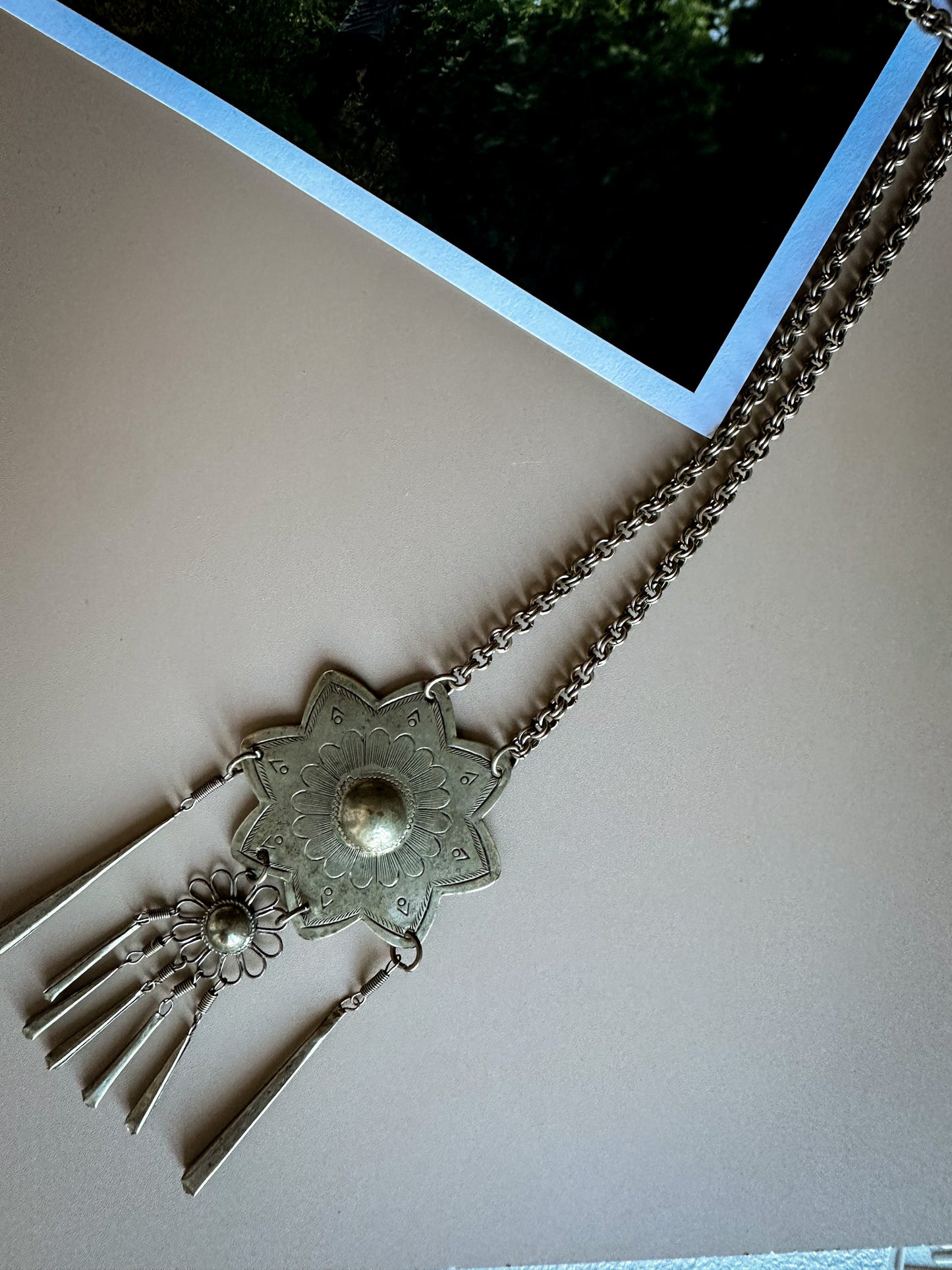 Afghan Tribal Pendant Necklace – Silver-Tone Statement with Fringe Drops