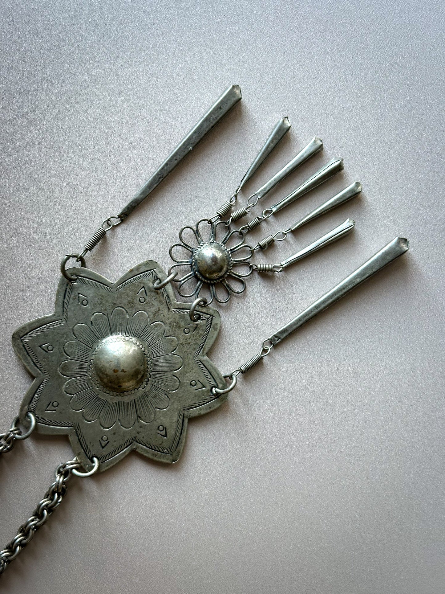 Afghan Tribal Pendant Necklace – Silver-Tone Statement with Fringe Drops