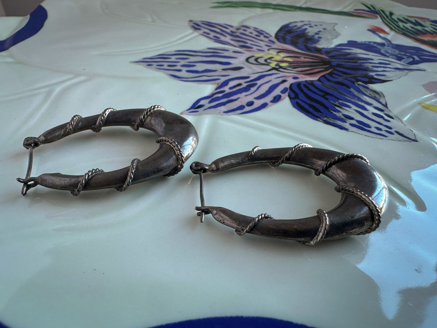 Tribal Rope-Wrapped Silver Hoop Earrings
