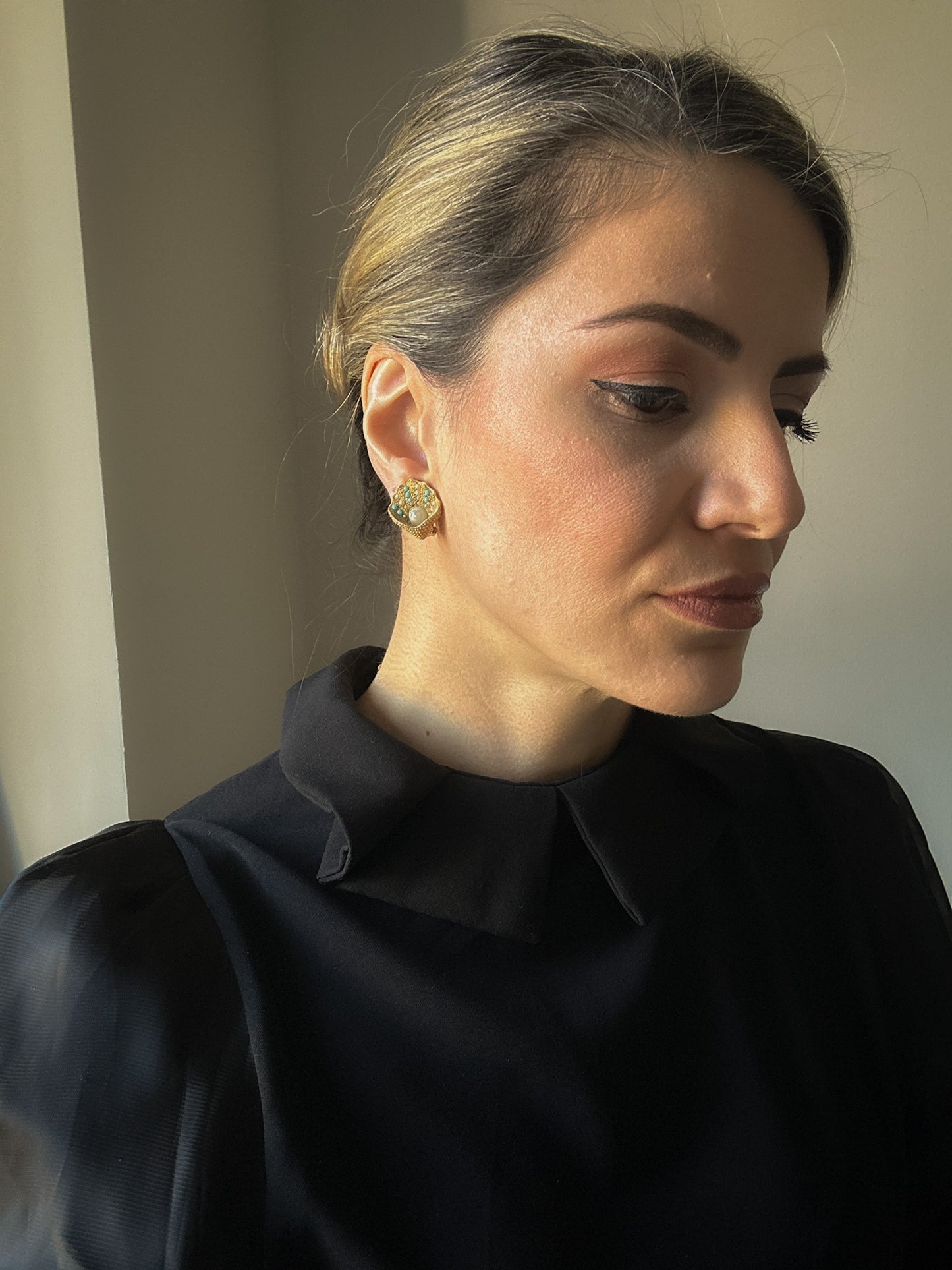 Gilded Shell Clip-On Earrings with Faux Pearls & Turquoise Beads – Beautifully Flawed