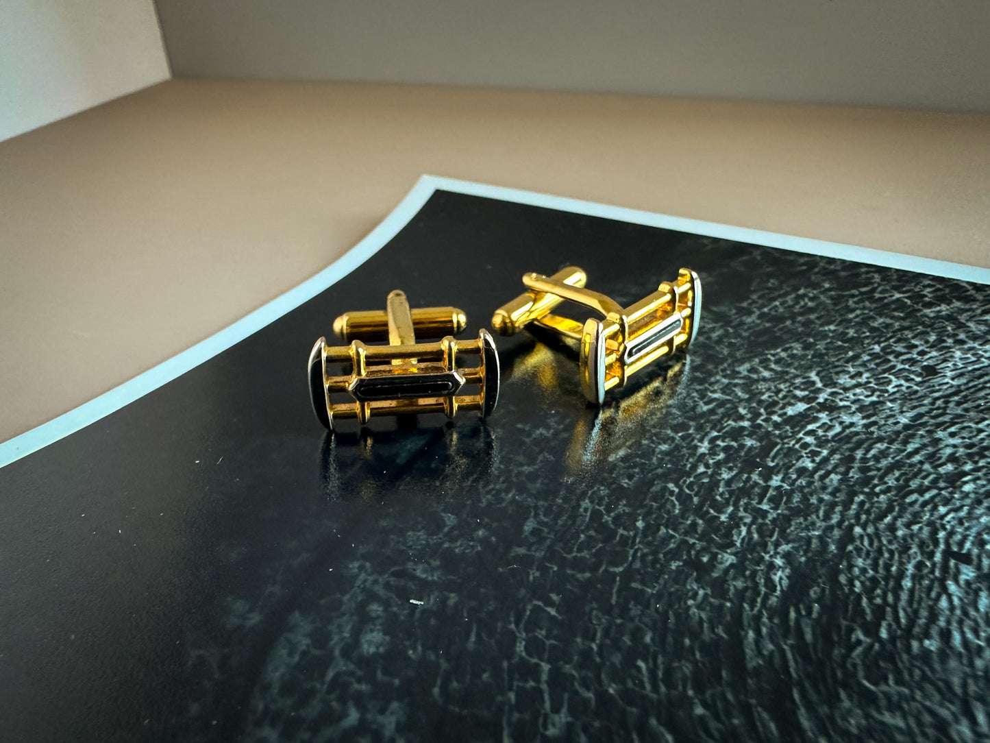 Gold-Tone Bar Cufflinks with Black Enamel Detailing
