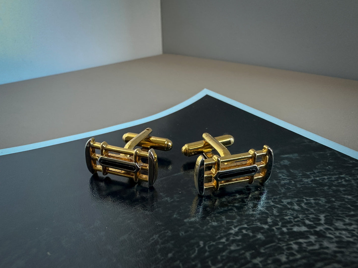 Gold-Tone Bar Cufflinks with Black Enamel Detailing