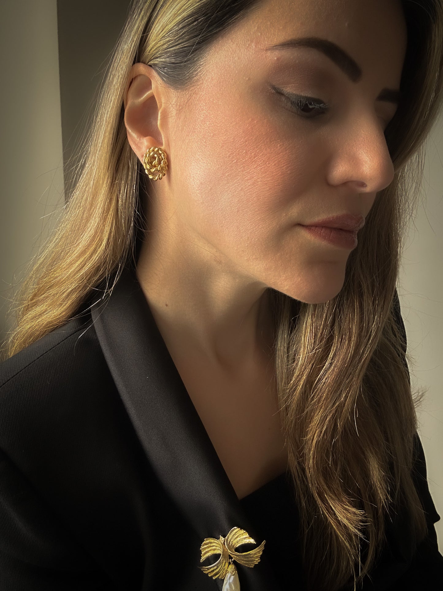 Monet Twisted Gold Knot Earrings – 1980s Statement Studs