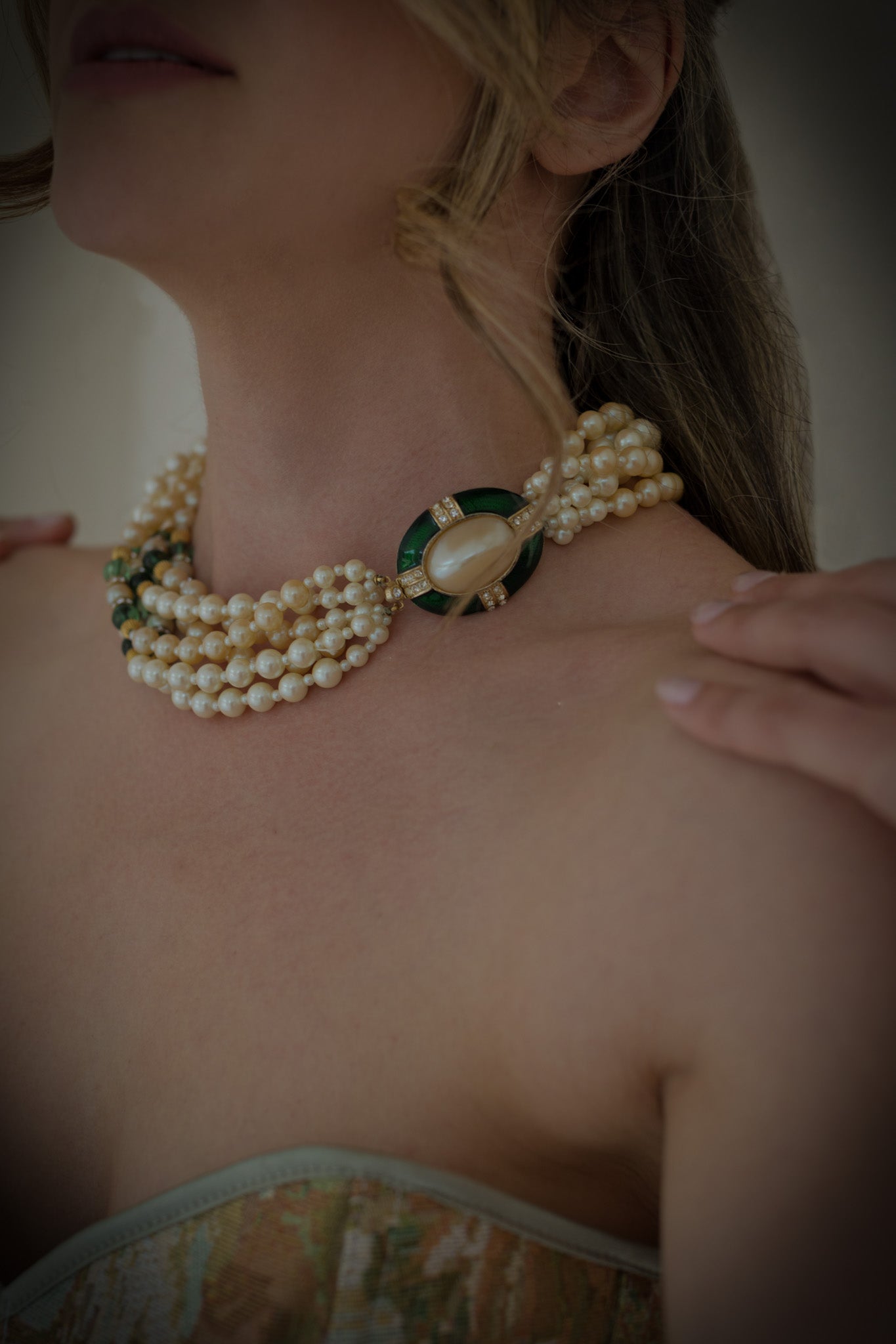 Signed Gay Boyer Multi-Strand Faux Pearl & Green Enamel Statement Necklace
