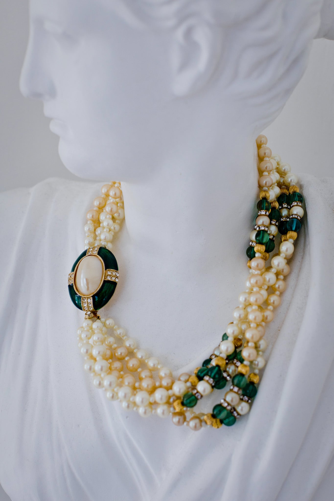 Signed Gay Boyer Multi-Strand Faux Pearl & Green Enamel Statement Necklace
