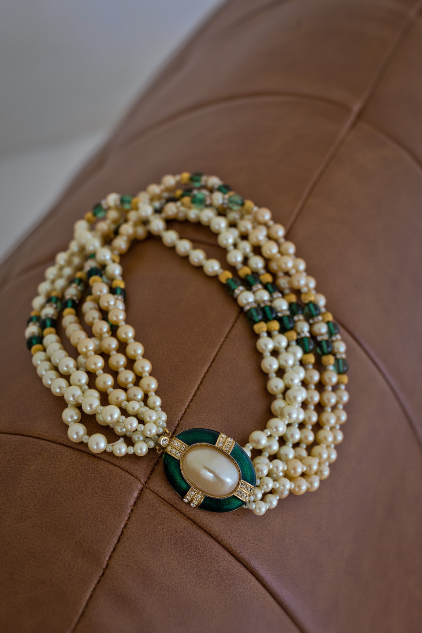 Signed Gay Boyer Multi-Strand Faux Pearl & Green Enamel Statement Necklace