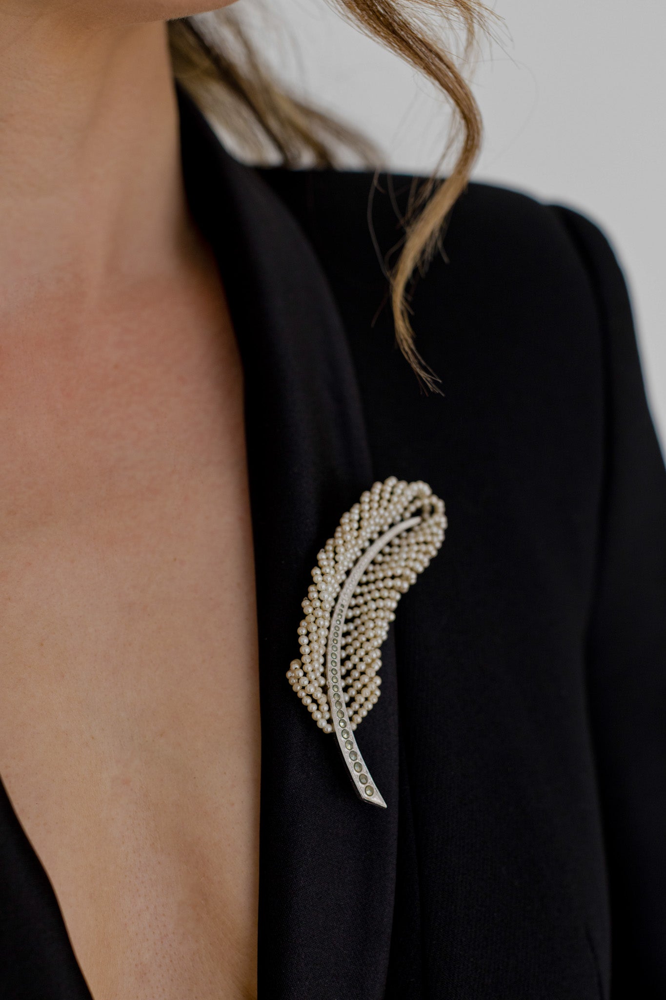 Pearl Feather Brooch – Silver-Tone Leaf with Seed Pearls