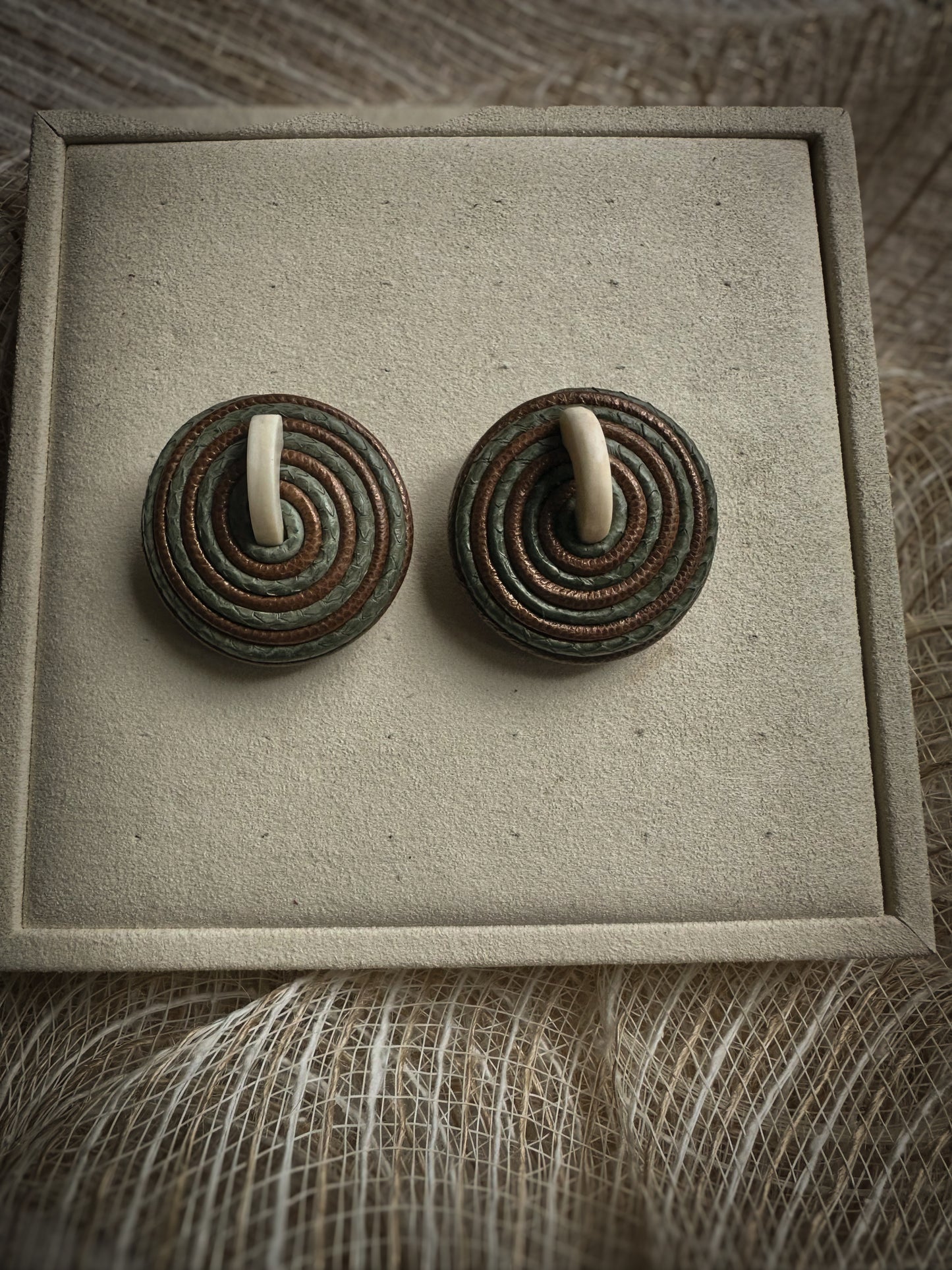 1980s Tribal Coil Clip-On Earrings – Brown, Olive & Bone Accent