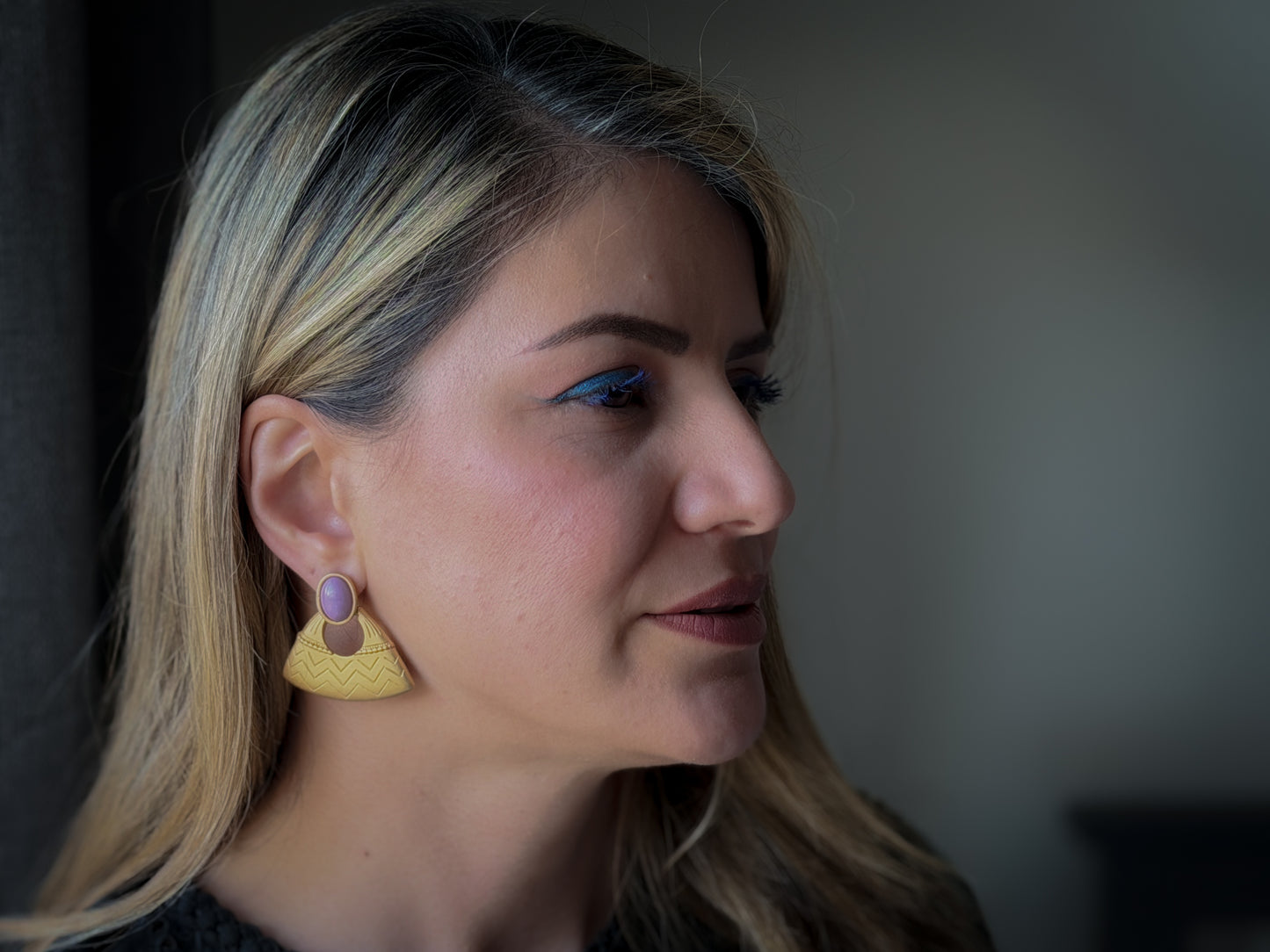 Gold-Tone Fan Drop Earrings with Lavender Cabochon | Art Deco–Inspired Pierced Statement Earrings