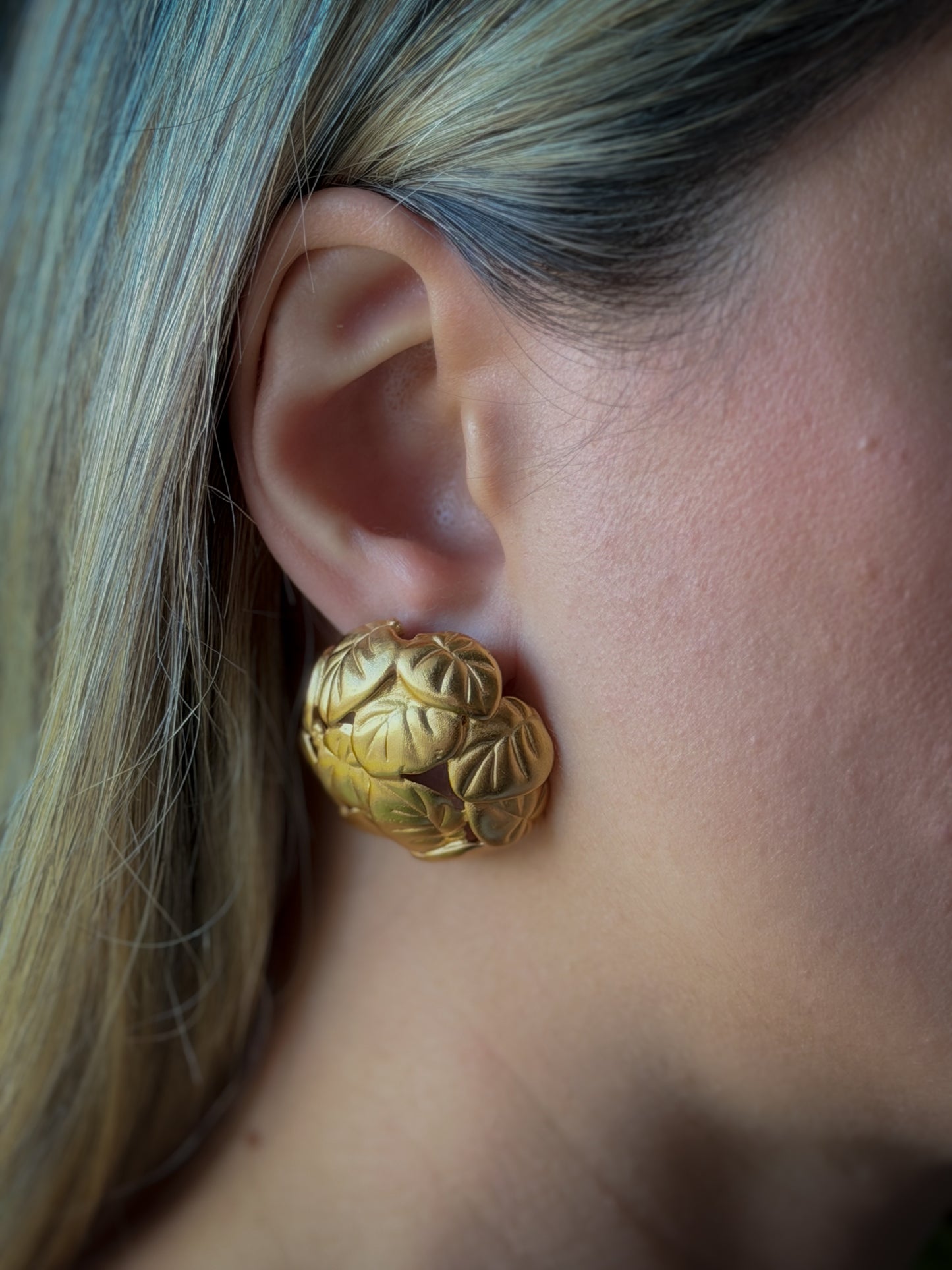 AK Gold-Tone Leaf Dome Earrings | Sculptural Botanical Design (c. 1980s–1990s)
