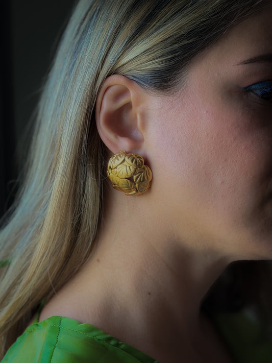 AK Gold-Tone Leaf Dome Earrings | Sculptural Botanical Design (c. 1980s–1990s)