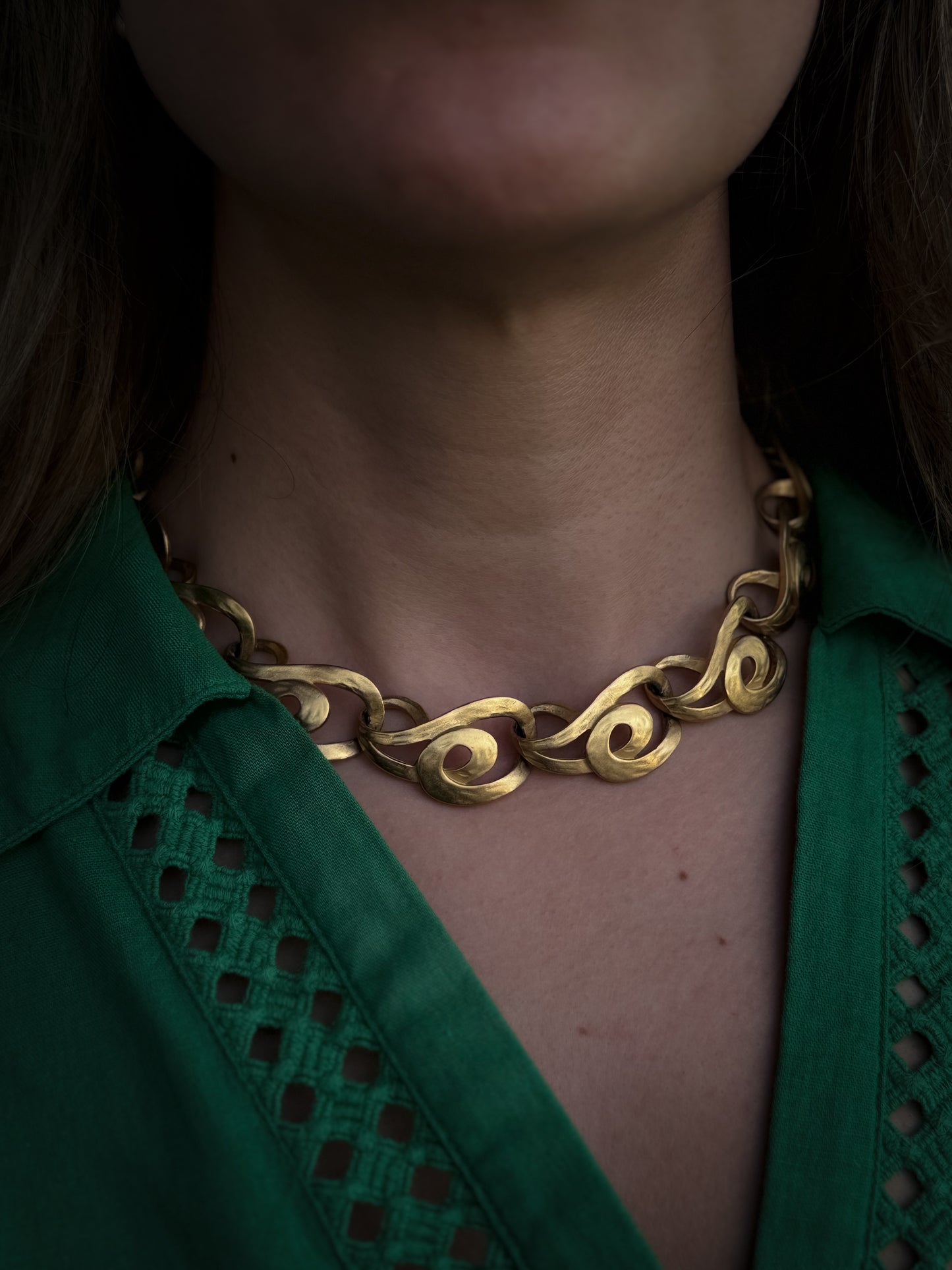 Signed © P.F.P - Sculptural Swirl Link Necklace – Matte Gold Tone Statement Chain