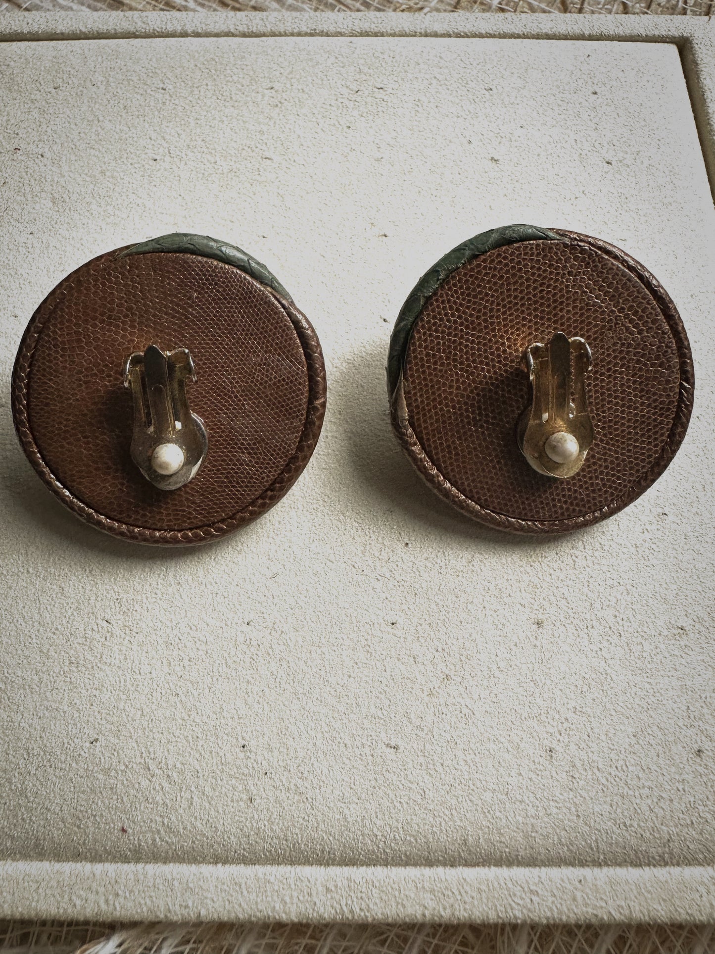 1980s Tribal Coil Clip-On Earrings – Brown, Olive & Bone Accent