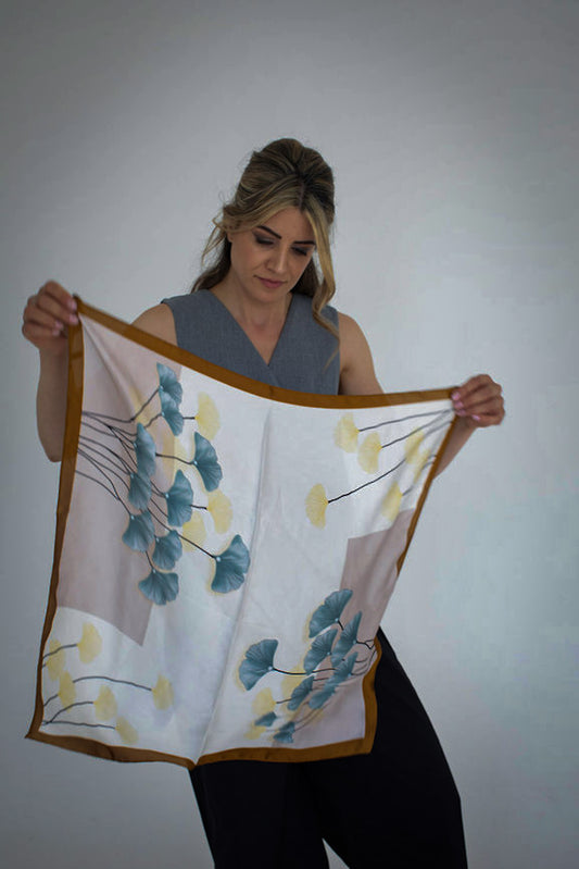 Ginkgo Whisper Silk Scarf – Brown & Ivory Border
