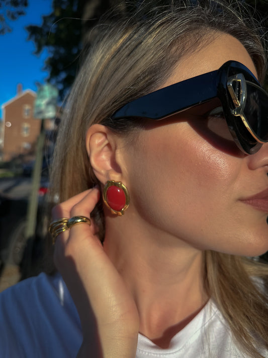 Monet 1980s Red Oval Statement Earrings