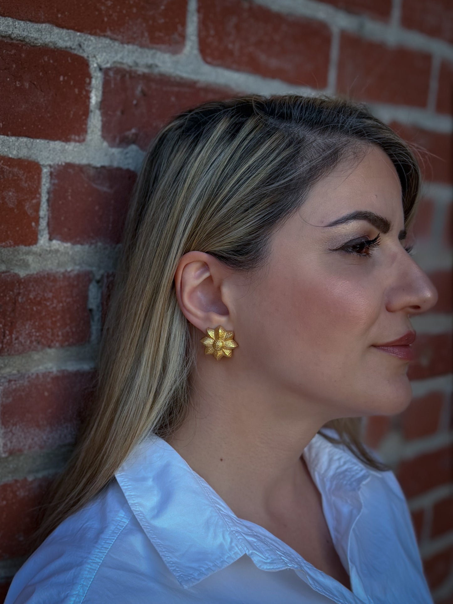 Givenchy Gold Floral Stud Earrings | Textured Petal Designer Pierced Earrings