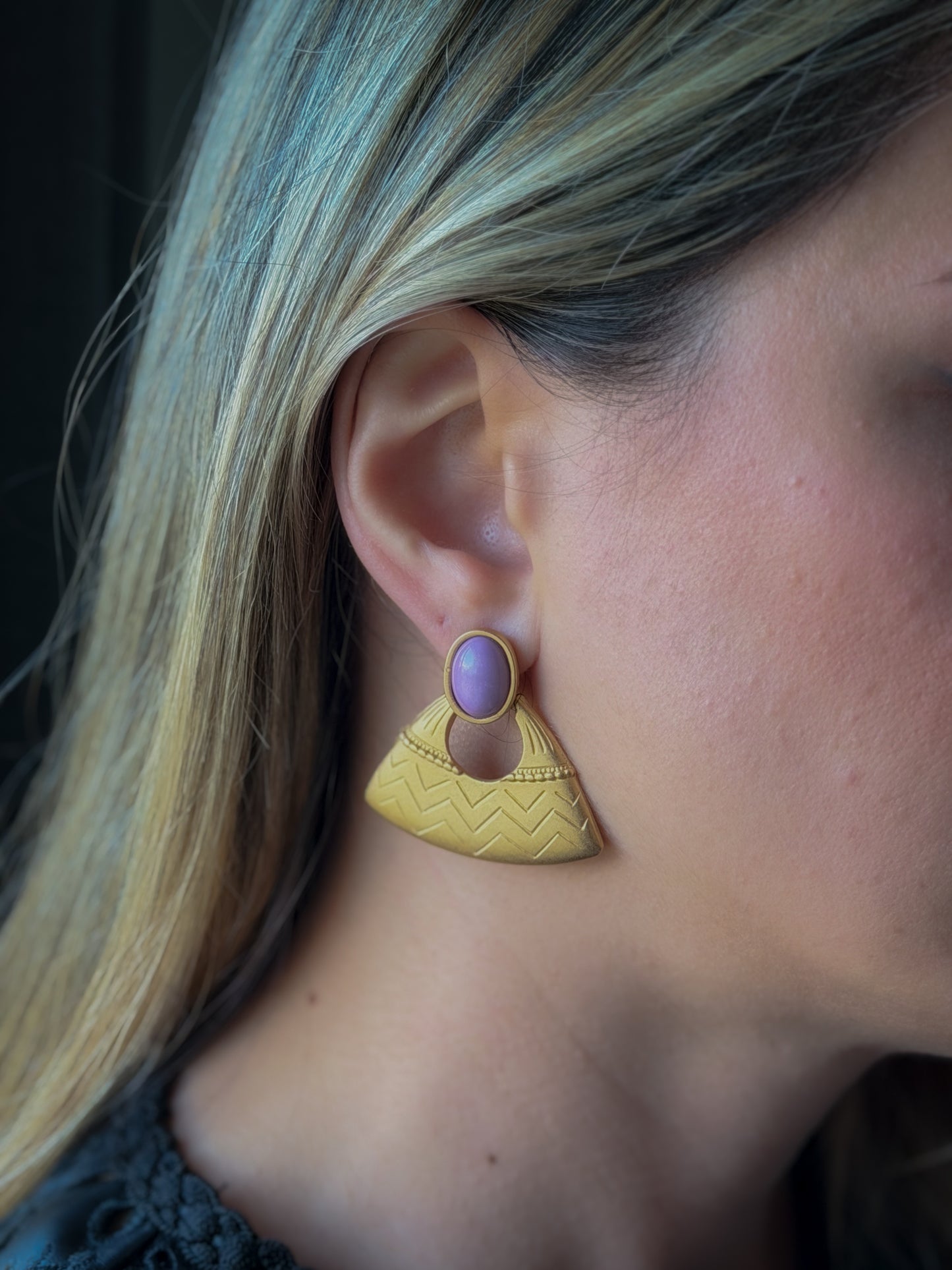 Gold-Tone Fan Drop Earrings with Lavender Cabochon | Art Deco–Inspired Pierced Statement Earrings