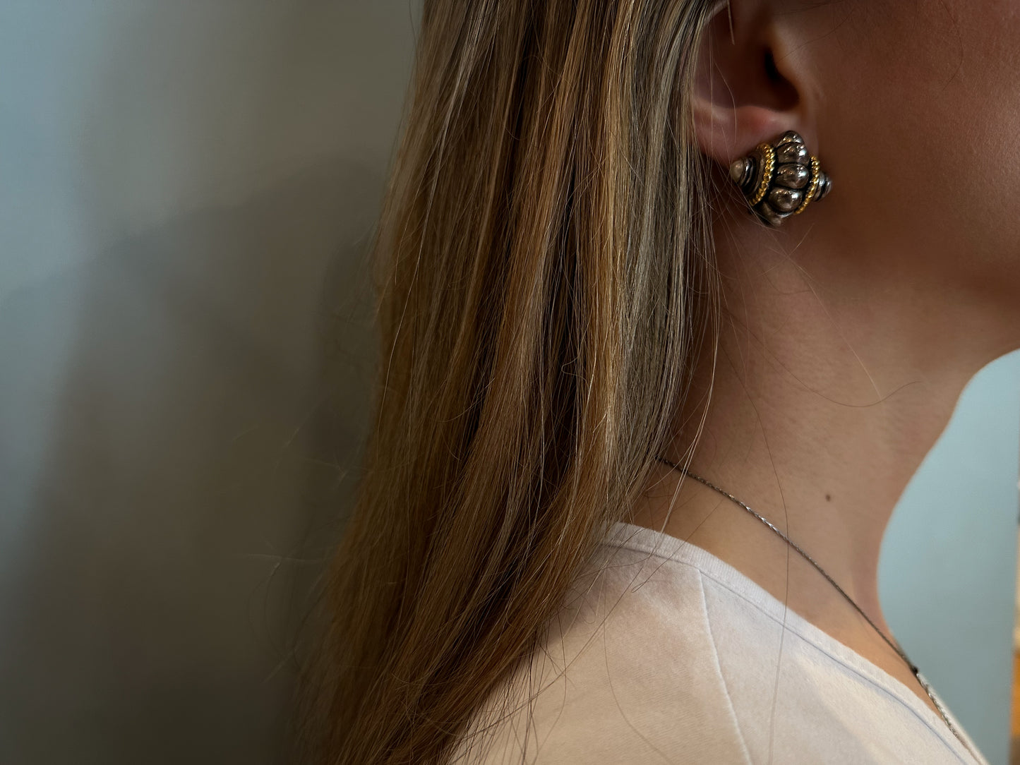Sculptural Clip-On Earrings – Silver & Gold-Tone with Bead Accents