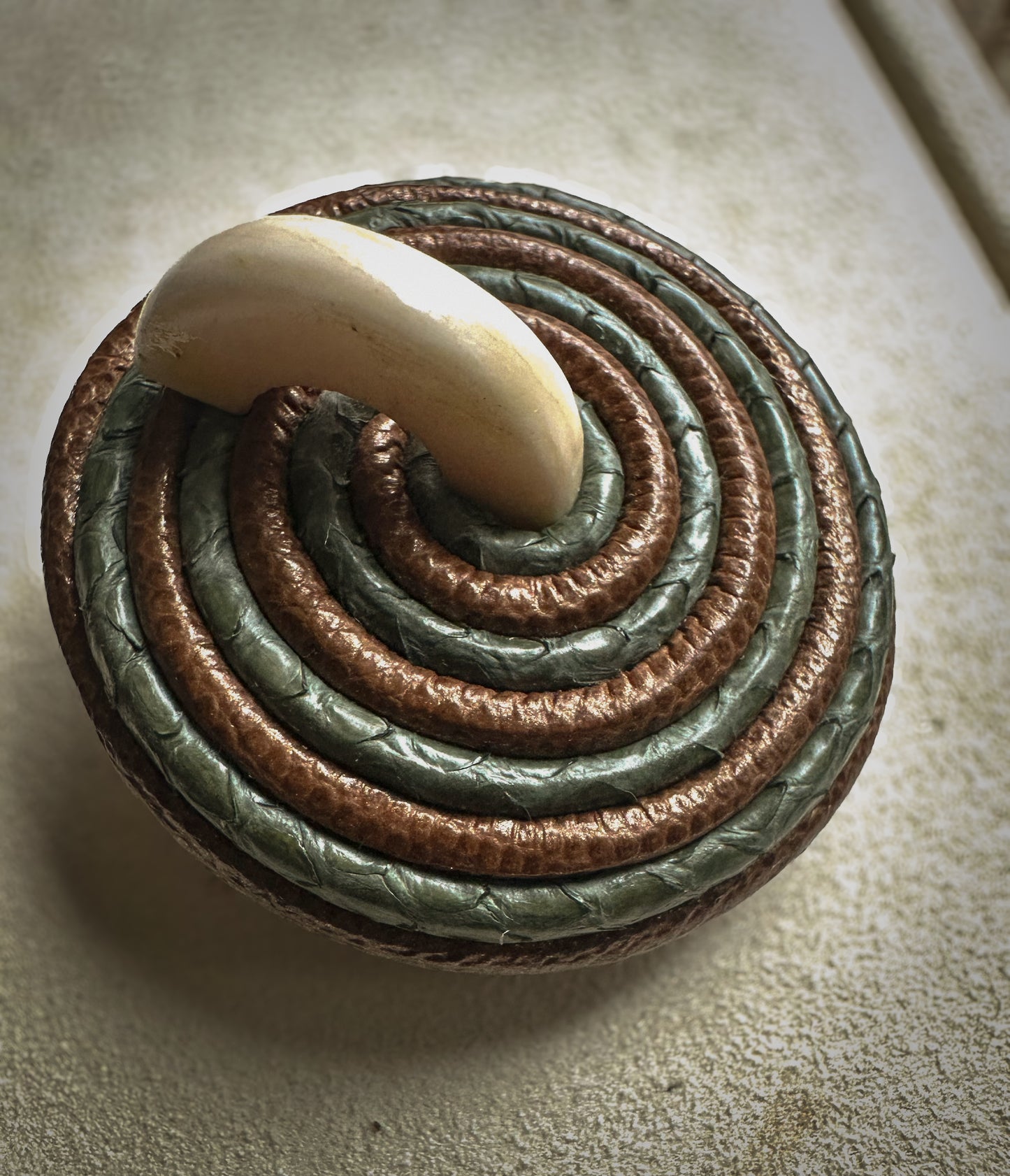 1980s Tribal Coil Clip-On Earrings – Brown, Olive & Bone Accent