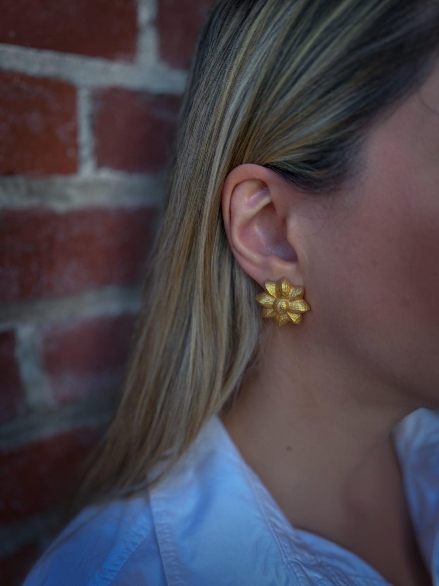 Givenchy Gold Floral Stud Earrings | Textured Petal Designer Pierced Earrings