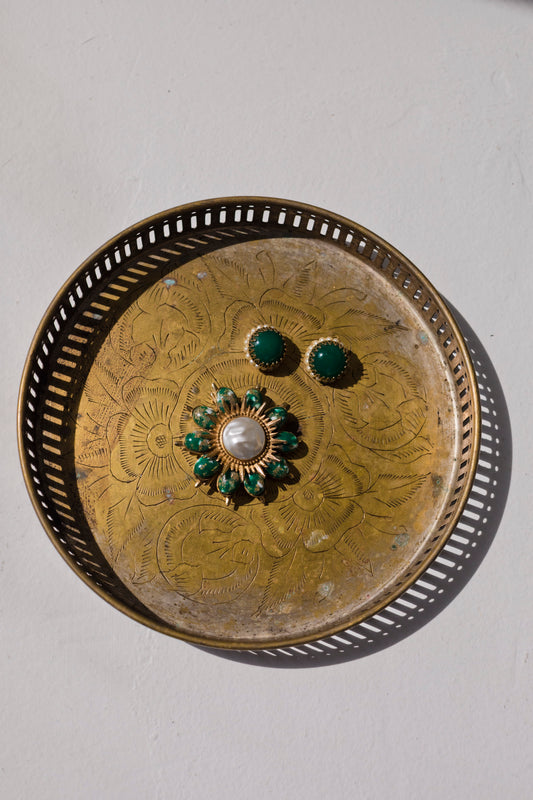 Czech Emerald Bloom – Vintage Brooch & Earrings