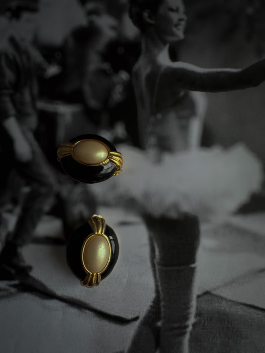 Givenchy Black Enamel & Pearlized Oval Clip-On Earrings