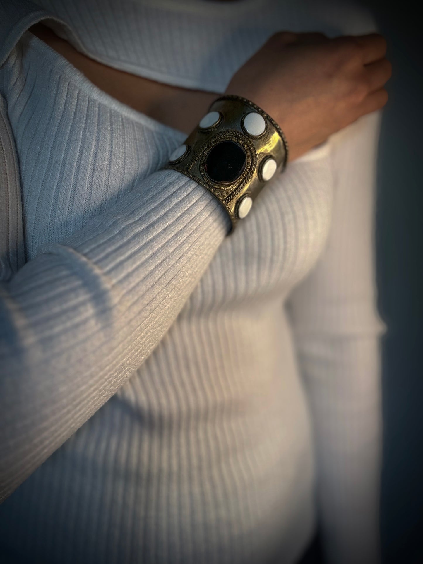 Bohemian Brass Cuff with Onyx and White Cabochons