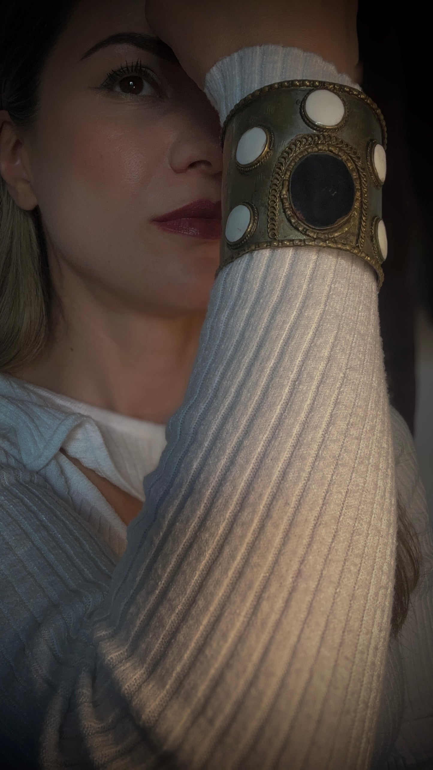 Bohemian Brass Cuff with Onyx and White Cabochons