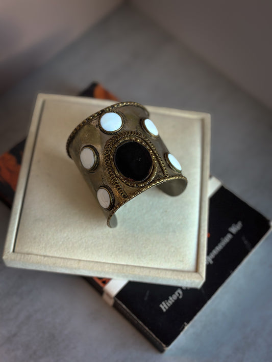 Bohemian Brass Cuff with Onyx and White Cabochons