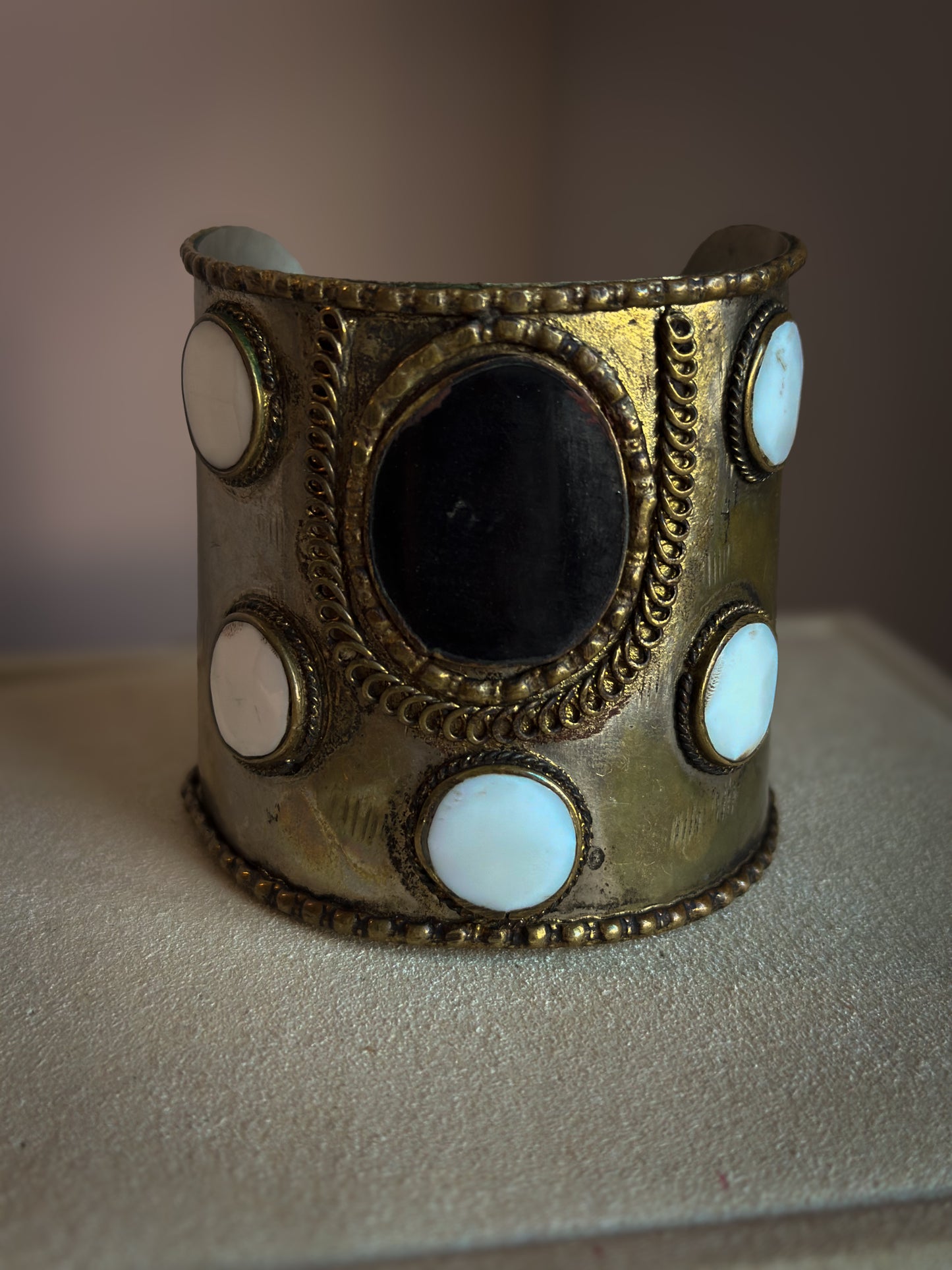 Bohemian Brass Cuff with Onyx and White Cabochons
