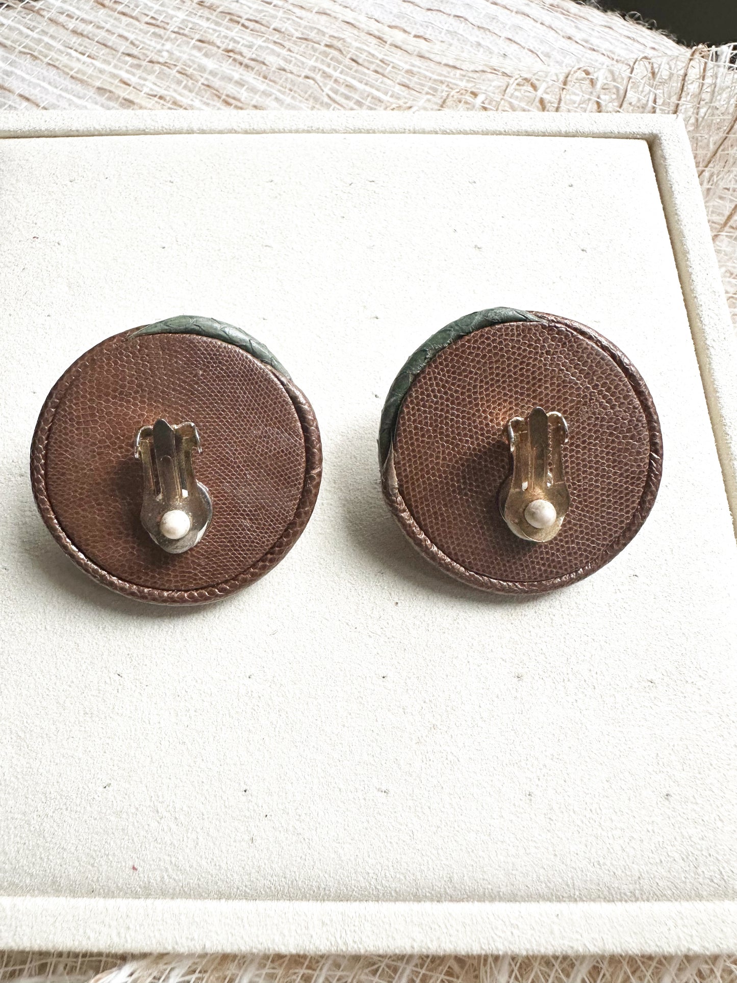 1980s Coiled Brown Leather Fabric Clip-On Earrings