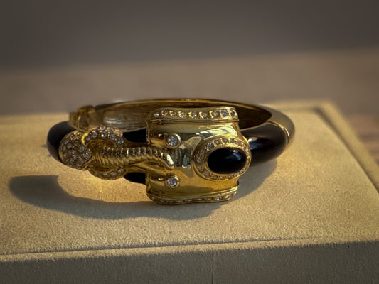 Gold-Tone Panther Head Bangle Bracelet — 1980s Statement Piece