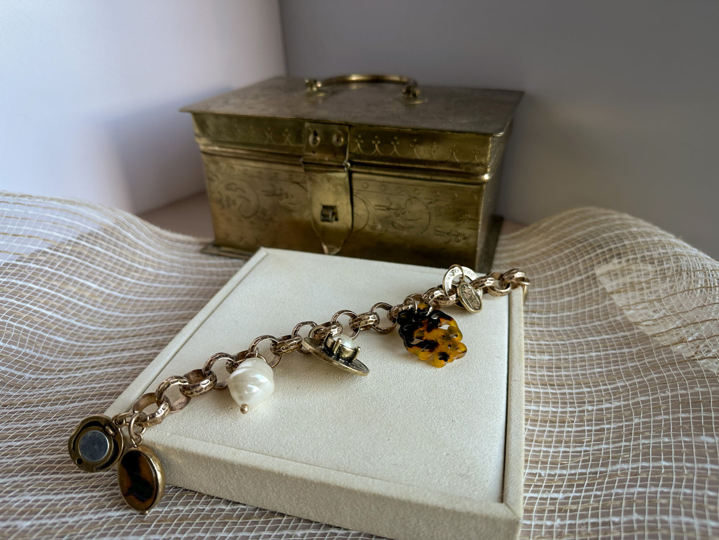 1960s Victorian Revival Matte Gold Brass Charm Bracelet with Tortoiseshell & Coin Accents