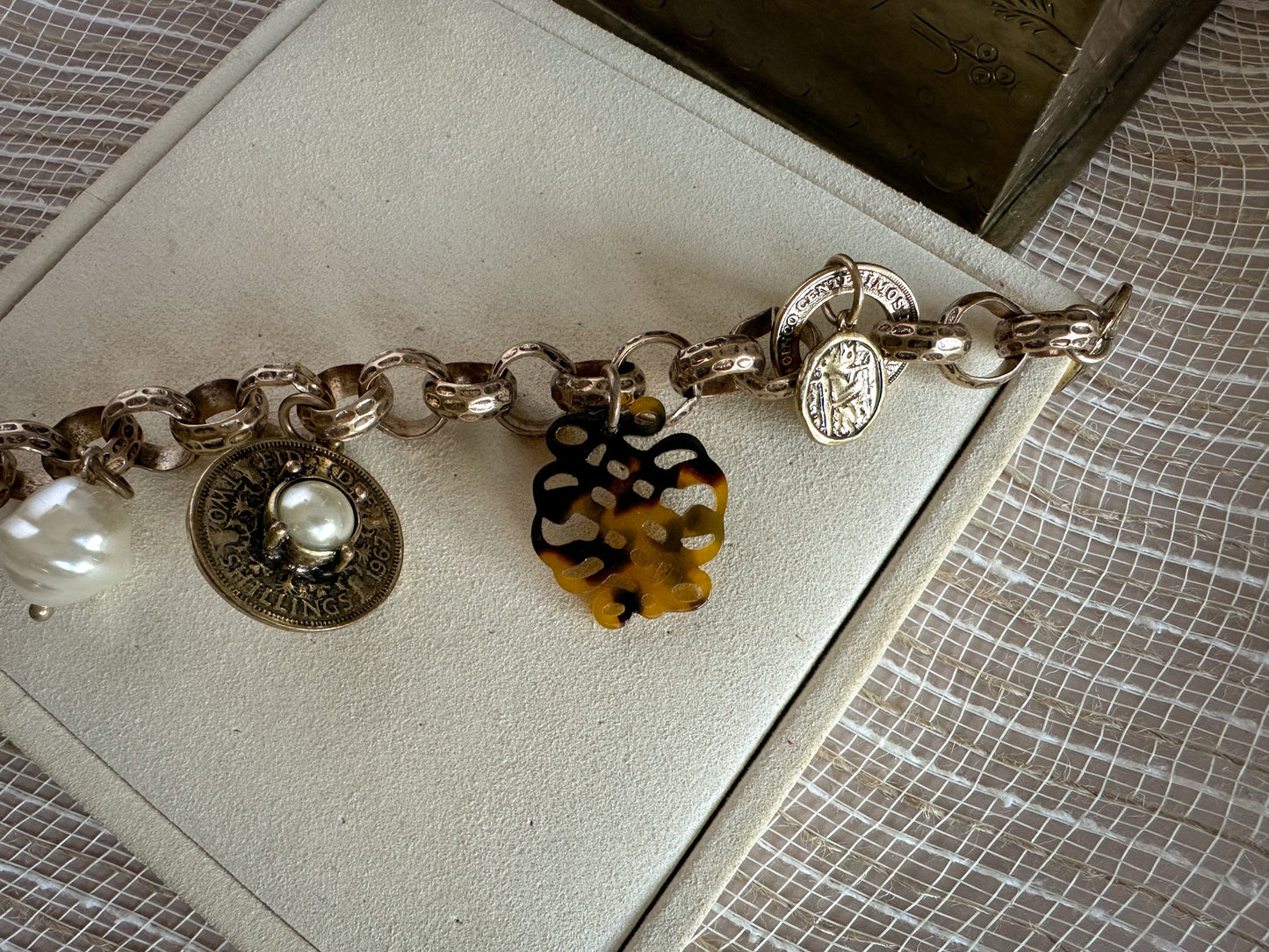 1960s Victorian Revival Matte Gold Brass Charm Bracelet with Tortoiseshell & Coin Accents