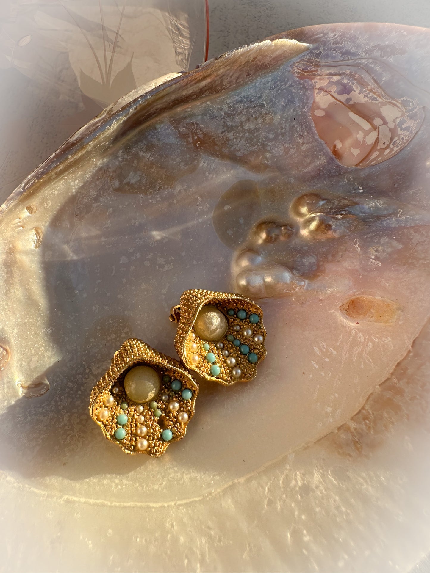 Scallop Shell Clip-on Earrings with Pearl and Blue Stones (Beautifully Flawed)