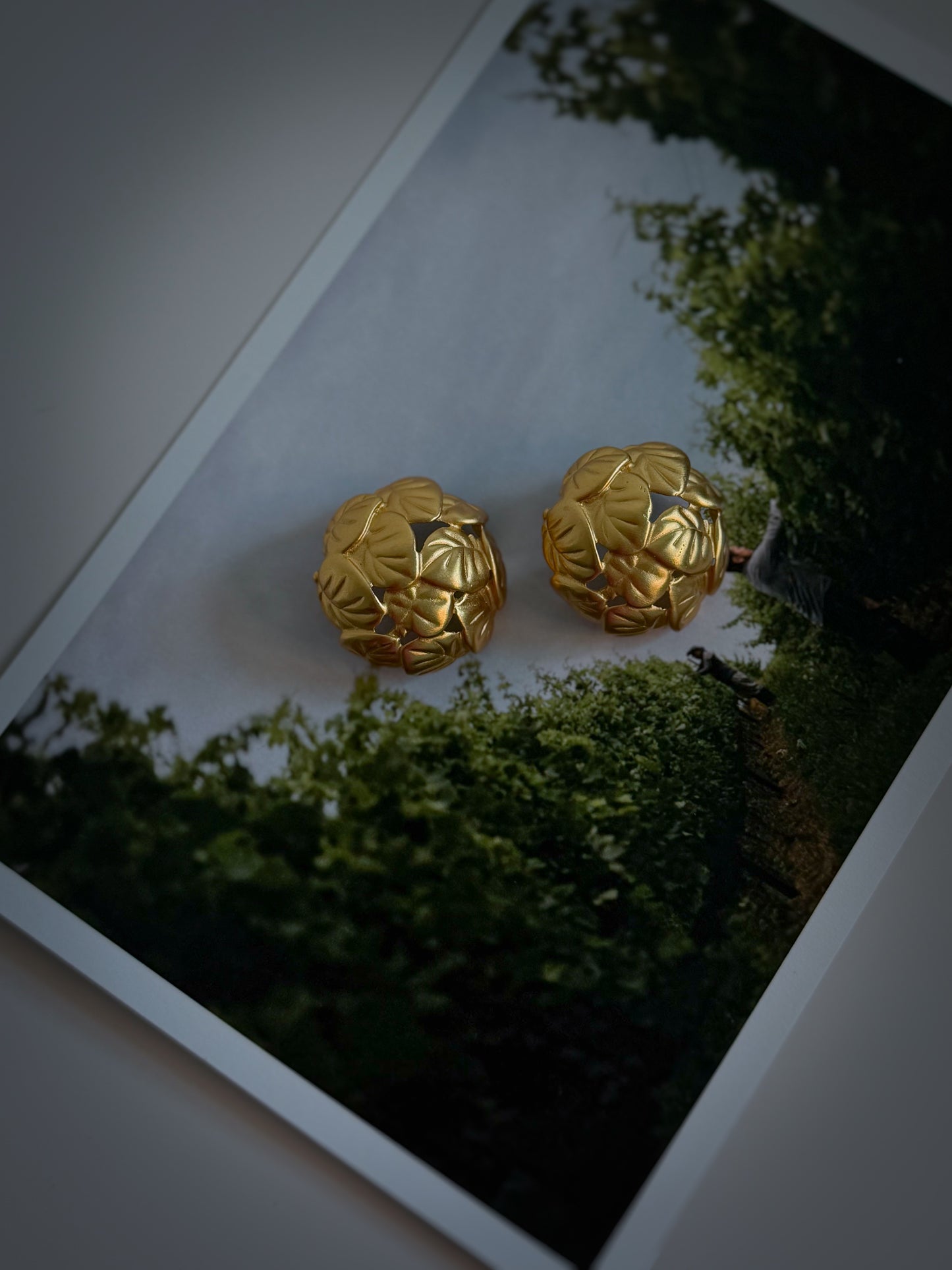 AK Gold-Tone Leaf Dome Earrings | Sculptural Botanical Design (c. 1980s–1990s)