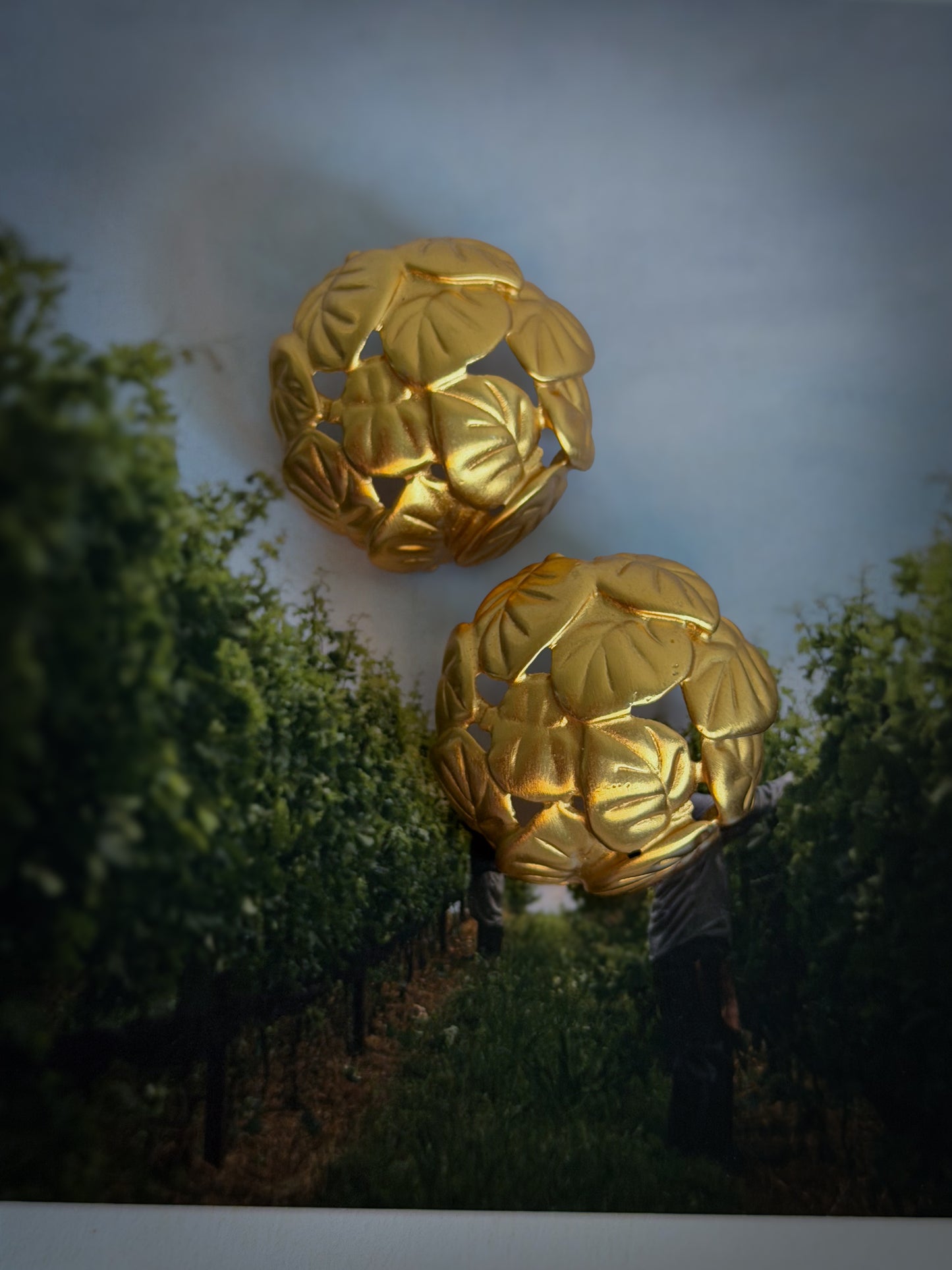 AK Gold-Tone Leaf Dome Earrings | Sculptural Botanical Design (c. 1980s–1990s)